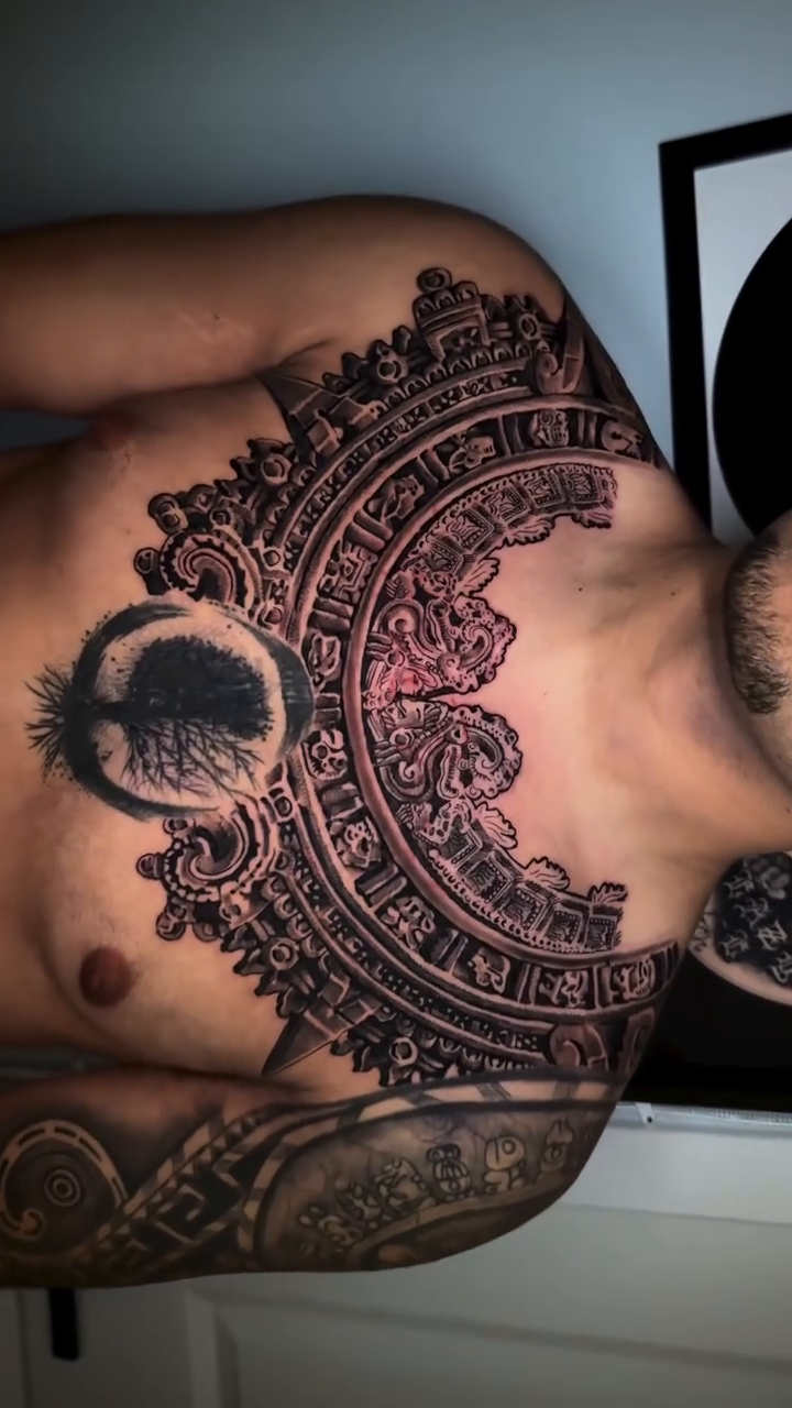 Mayan calendar and figures realism tattoo by Joseph Pacheco