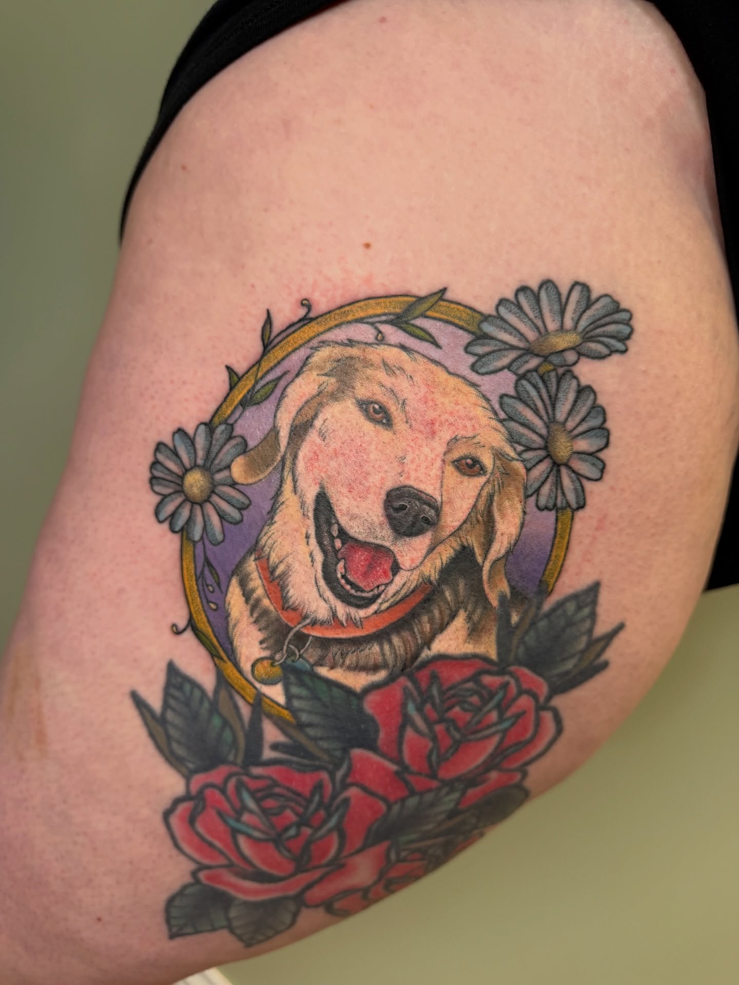 Dog with flowers American traditional tattoo on the thigh by Koryn Donnelly
