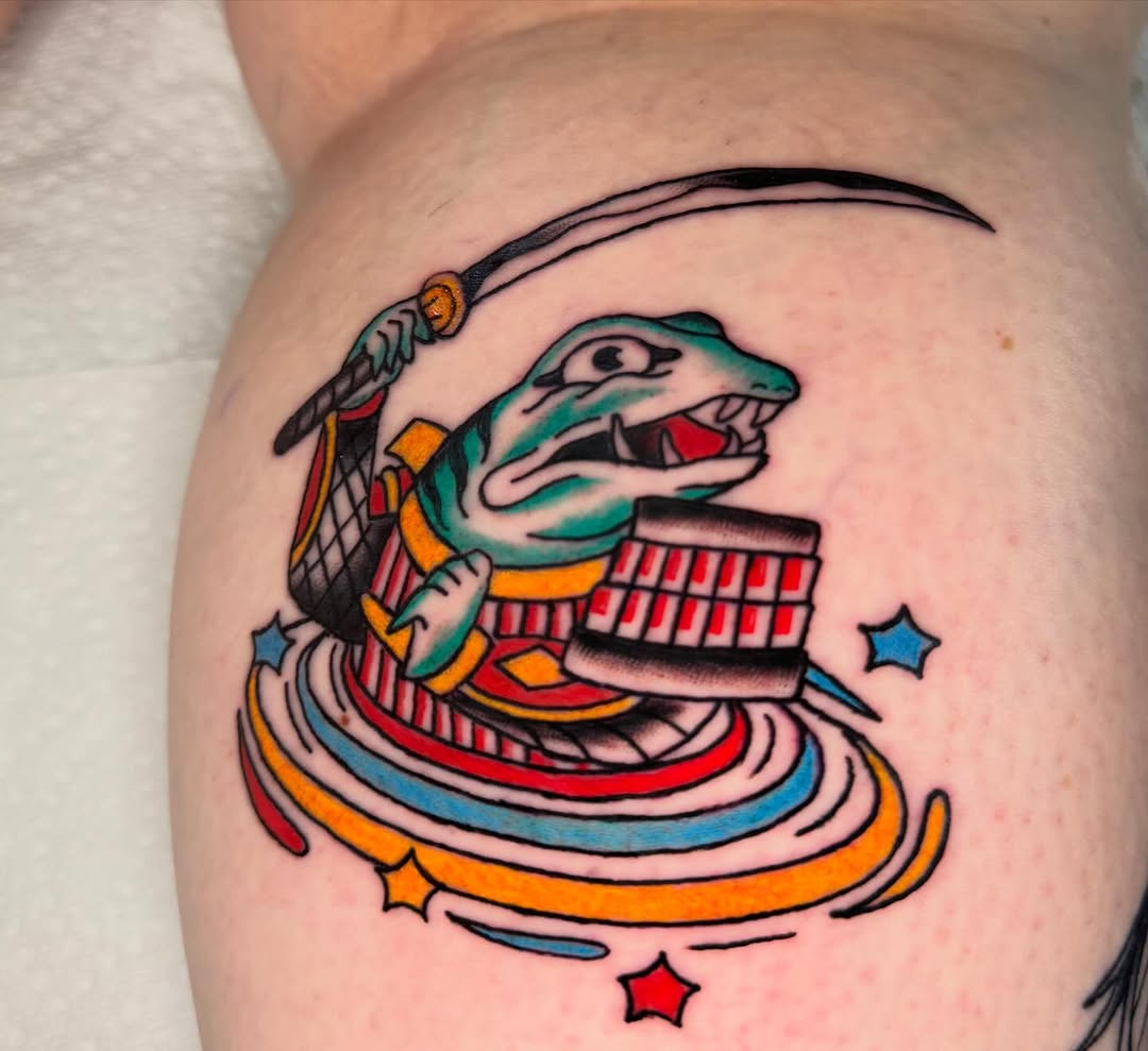 Samurai frog with sword American traditional tattoo on the thigh by @michaelryan_tattoo