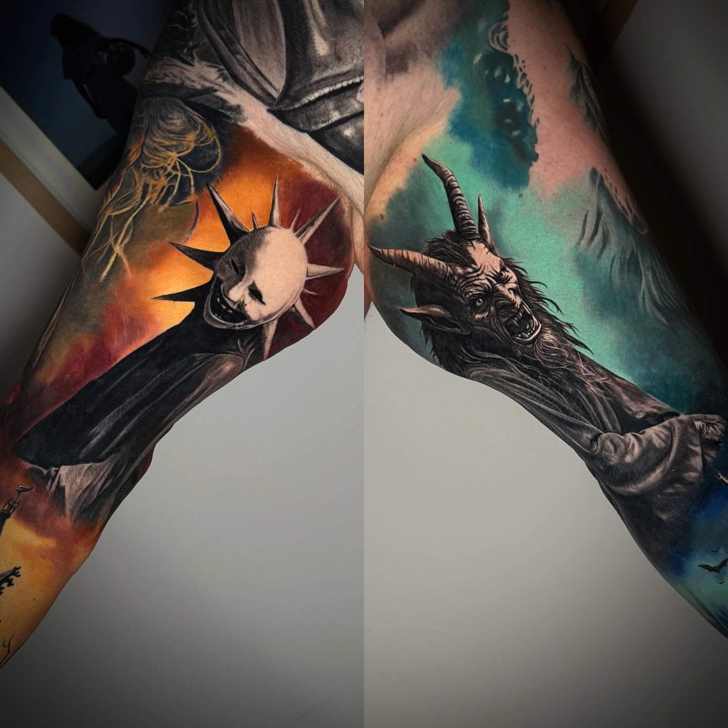 Demon and skull dark realism tattoo on the upper arm by TJ Schunemann