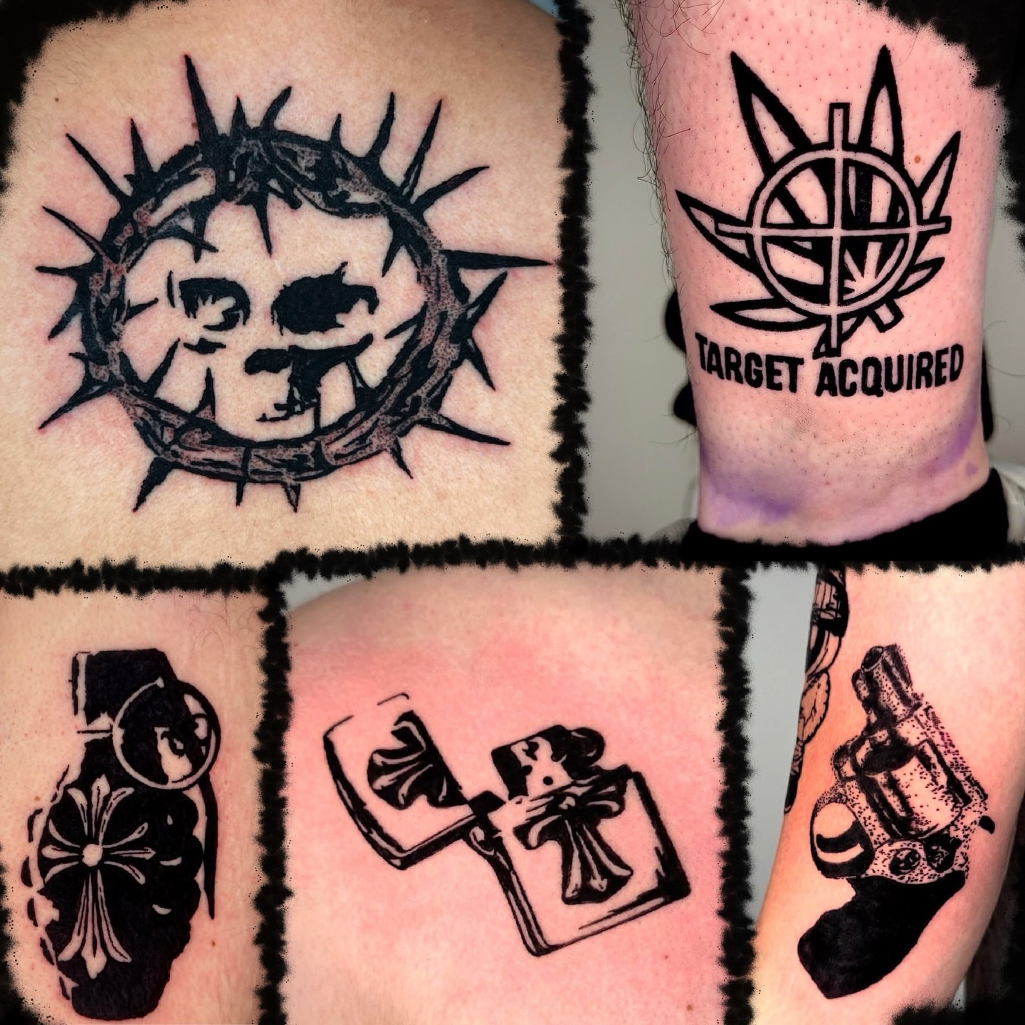 Crowns, target, grenade, lighter, gun black and grey tattoo on the forearm by 𝔠𝔲𝔯𝔱𝔦𝔰 ~ tattoo artist