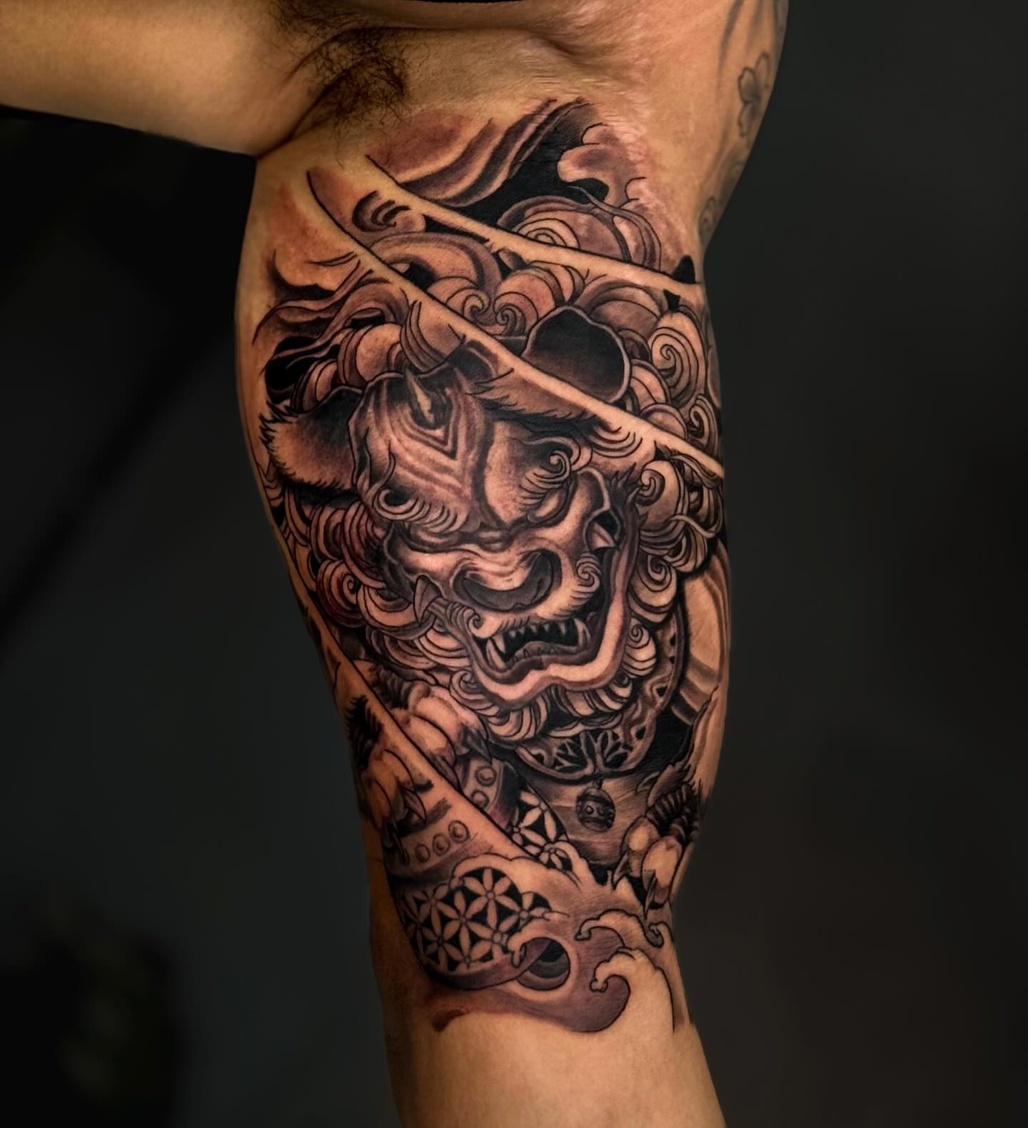 Demon mask japanese irezumi tattoo on the forearm by Kai, Charlotte, North Carolina