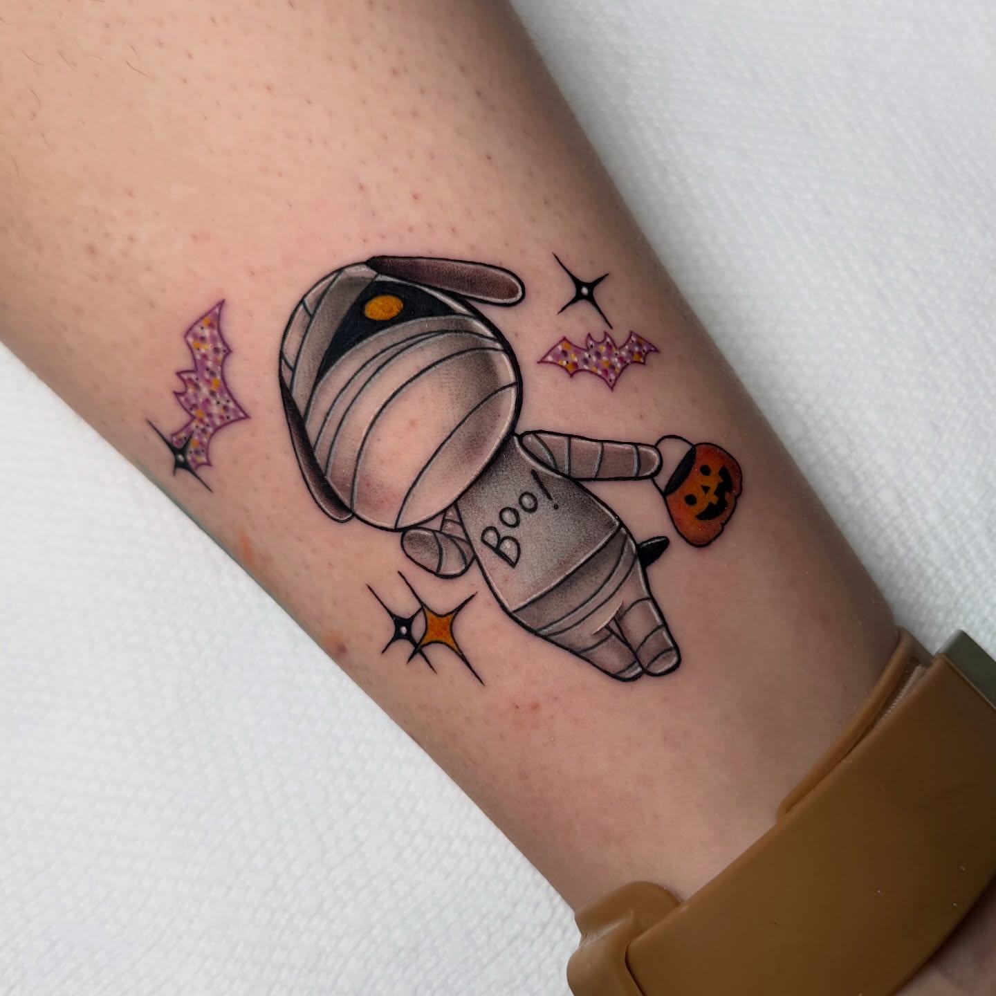Mummy astronaut dotwork tattoo on the forearm by Alexia