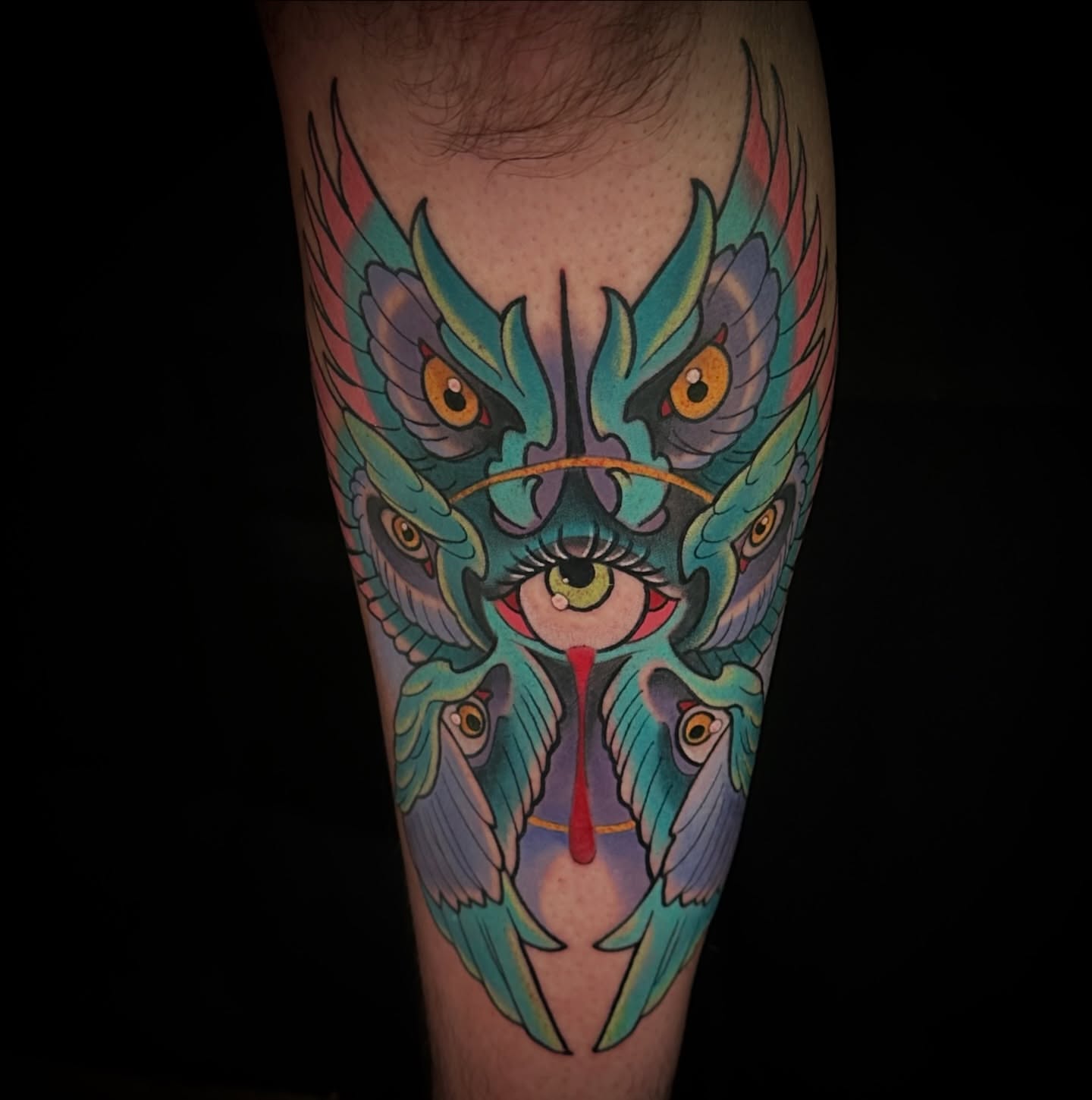 Owl American traditional tattoo on the forearm by B.G. Germershausen
