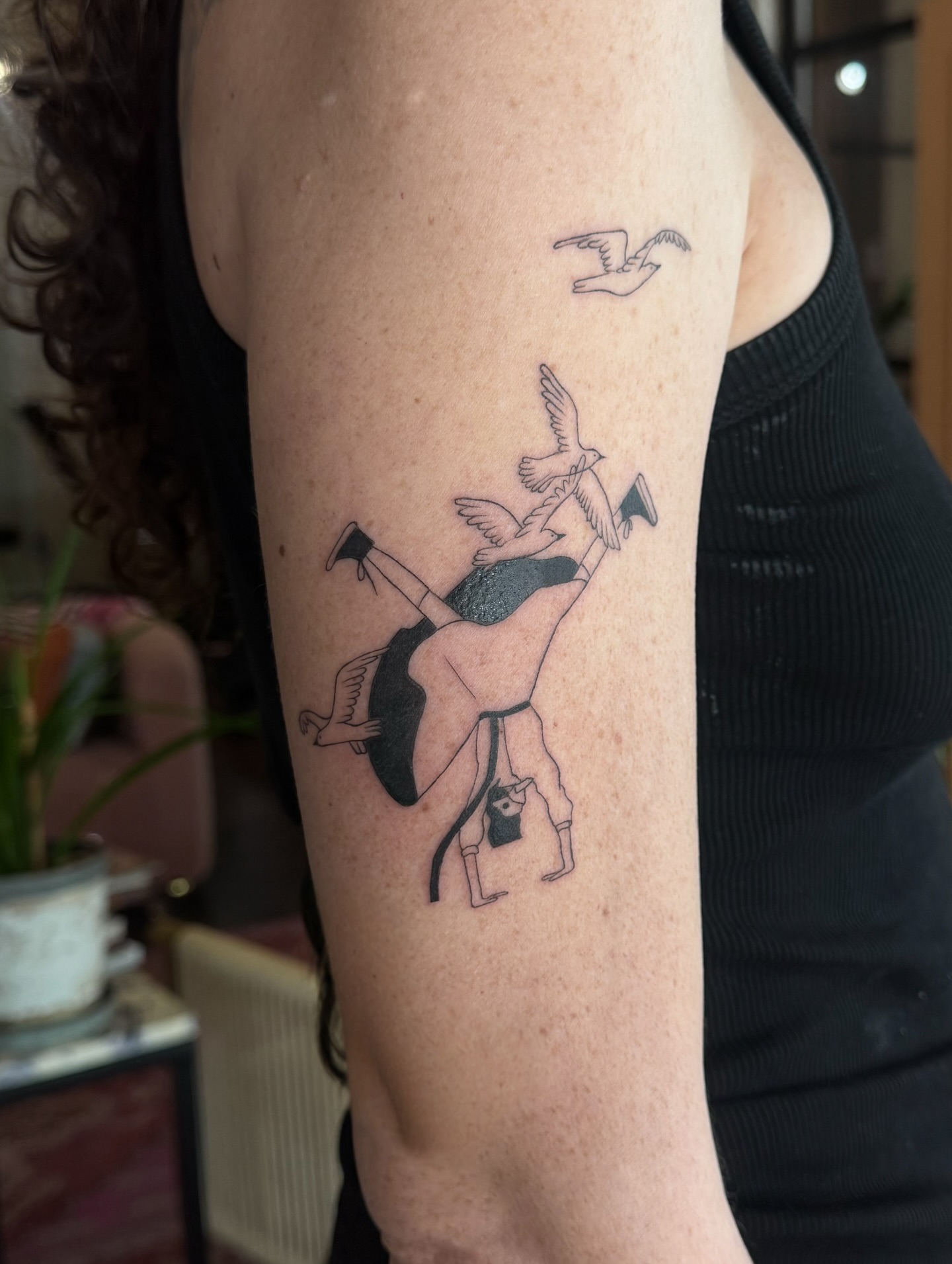 Woman with birds geometric tattoo on the forearm by fine line tattoo artist▪️Austin TX