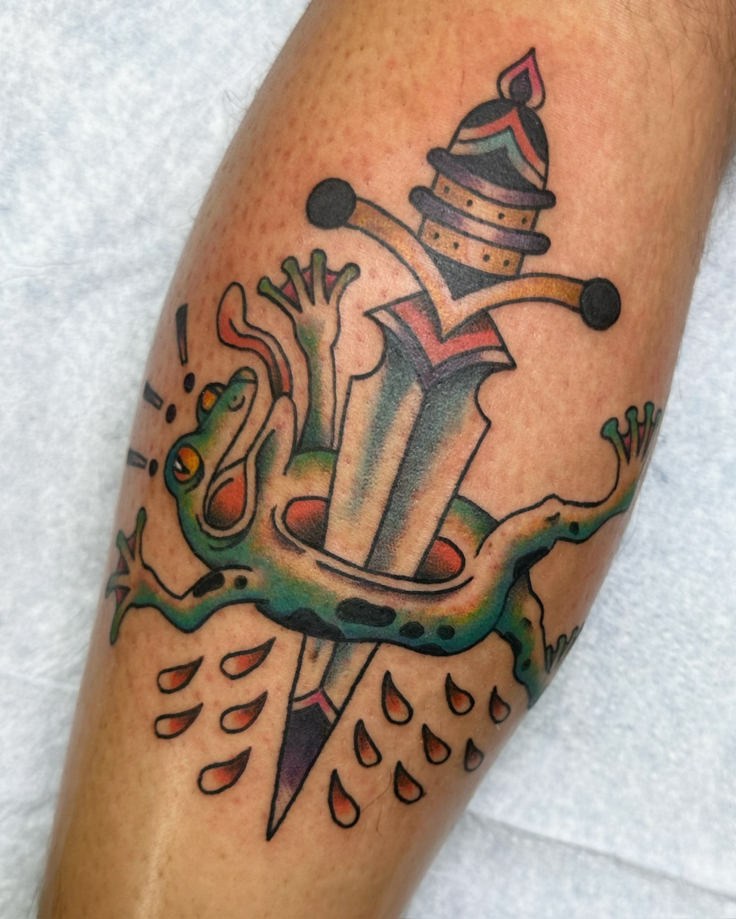 Frog and candle American traditional tattoo on the forearm by ࿊ Emma Sloan Tattoos ࿊, Austin, Texas