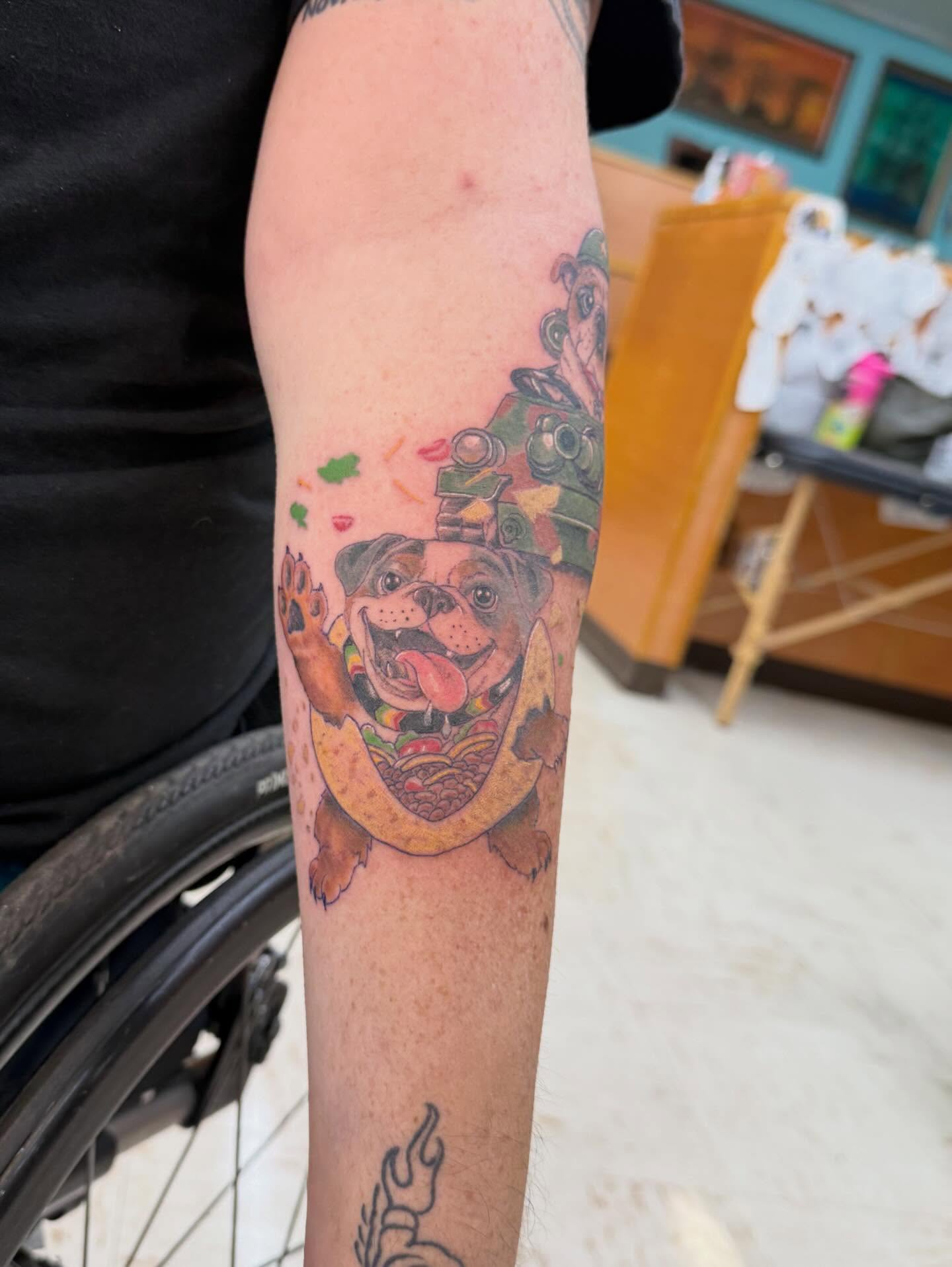 Bulldog new school tattoo on the forearm by Levi Sawdon, Everett, Washington