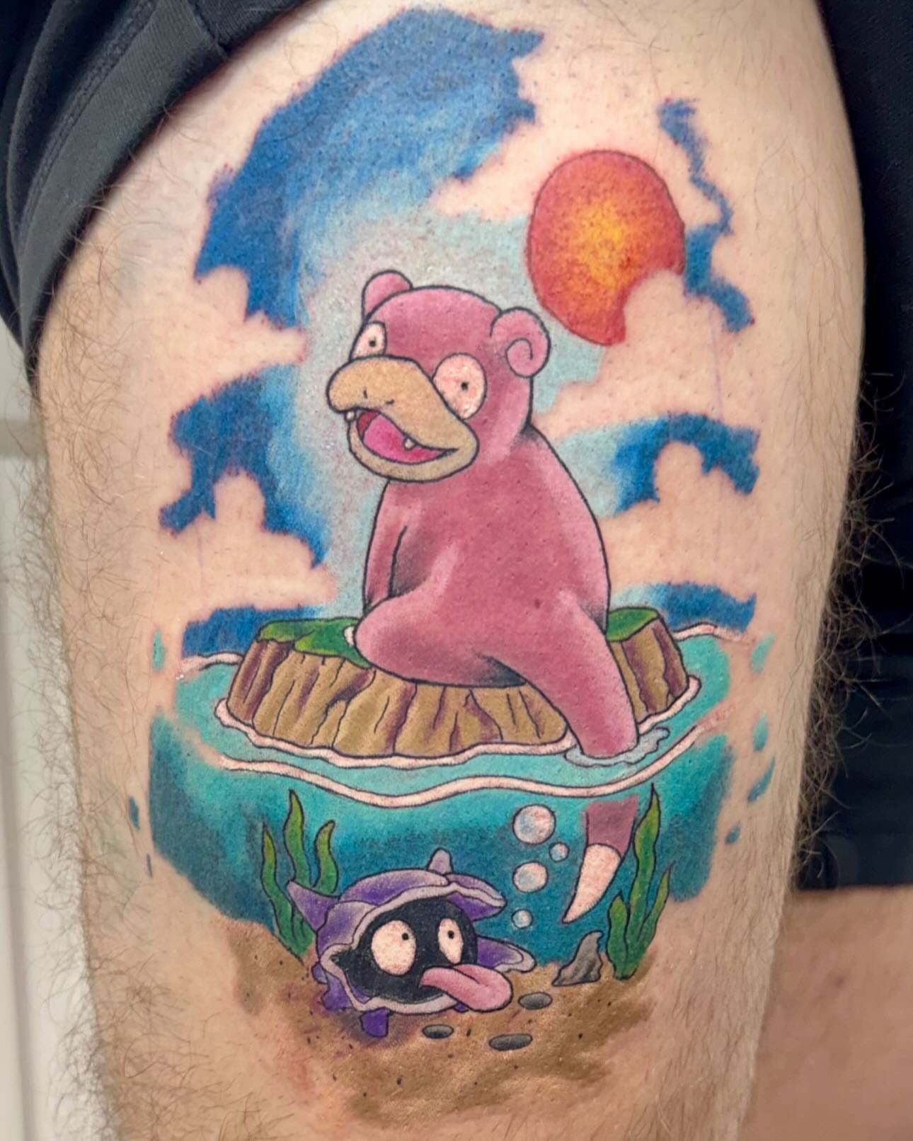 Monkey on island watercolor tattoo on the thigh by Brazun Locker Poloschan