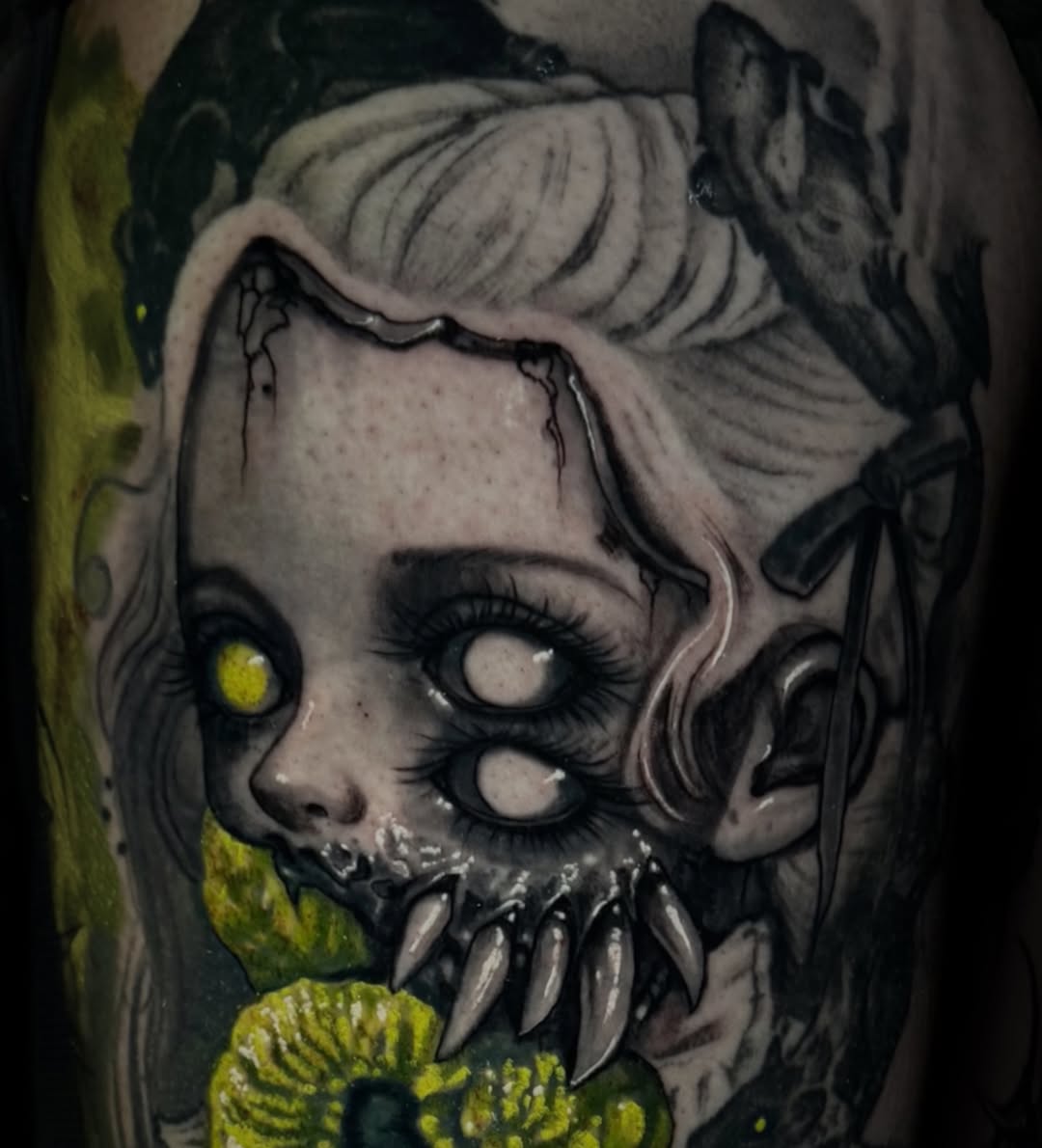 Tattoo by @spacezombietattoo โ dark_realism, black_and_grey