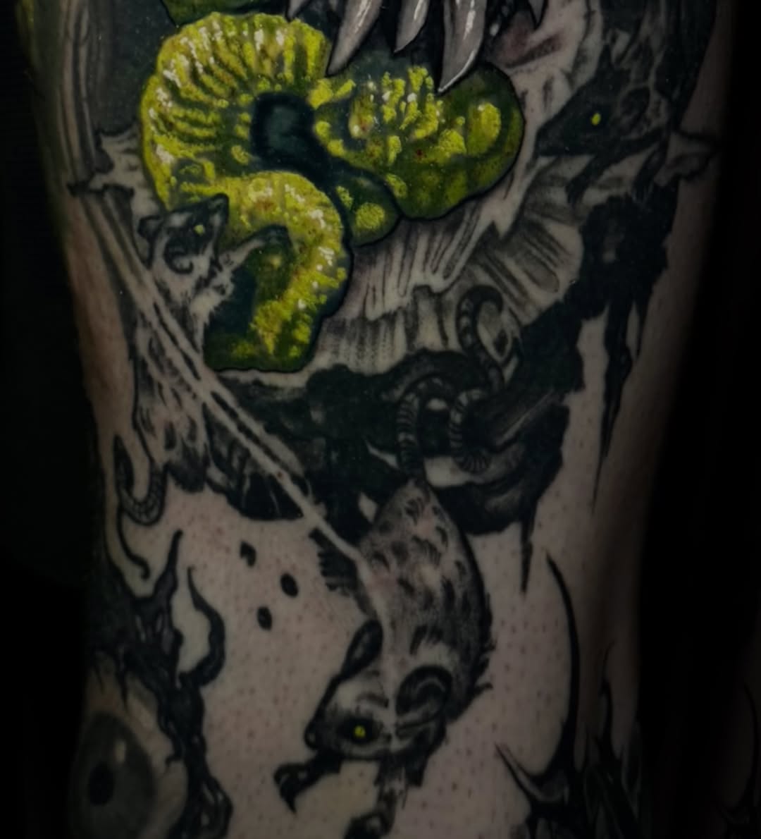 Tattoo by @spacezombietattoo โ dark_realism, black_and_grey