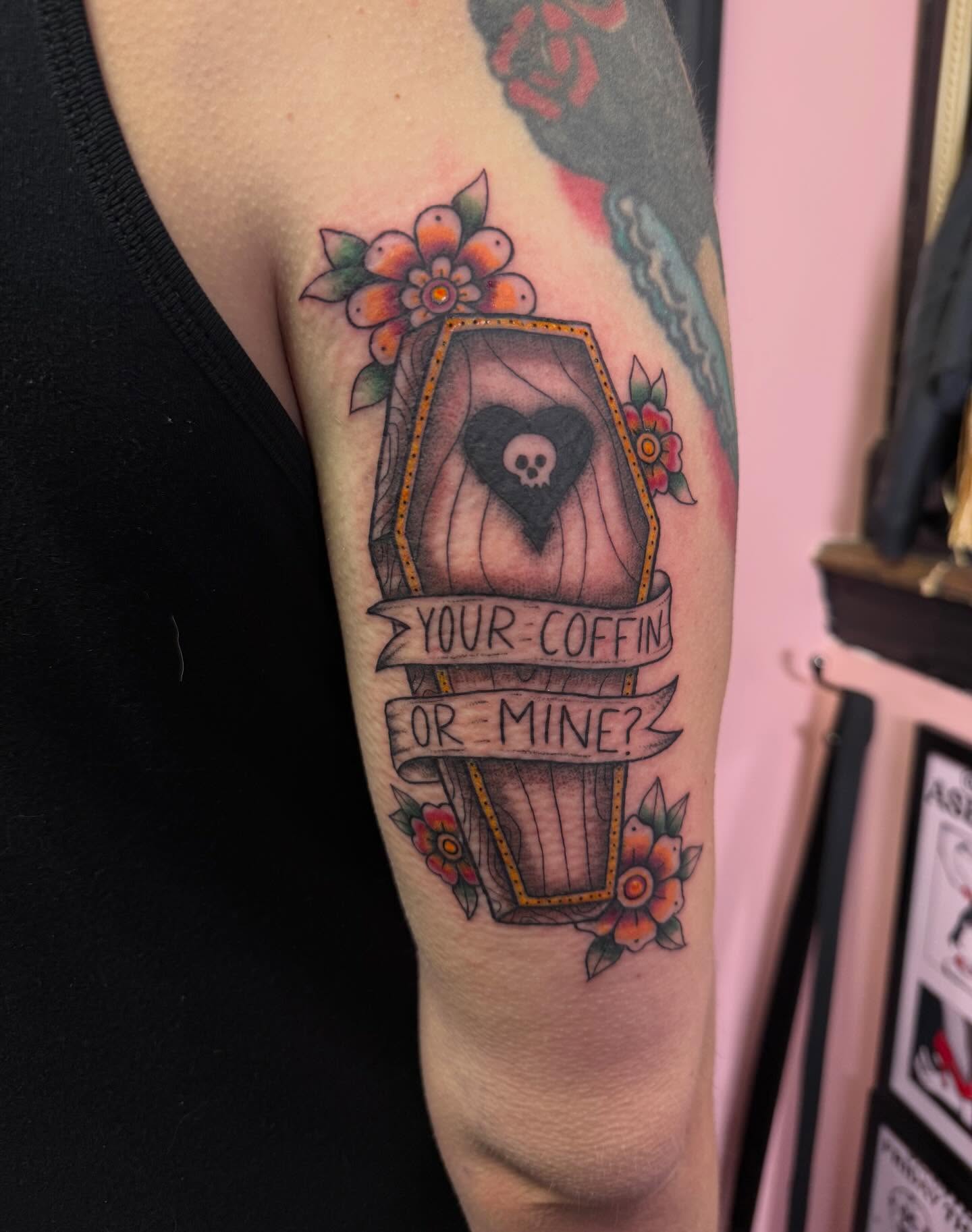 Coffin with skull American traditional tattoo on the forearm by Jennylee Aerts, Asbury Park, New Jersey