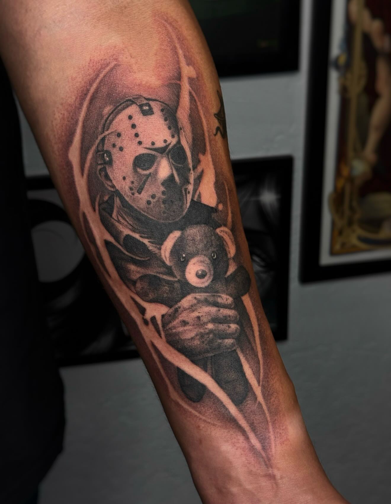 Jason voorhees holding teddy bear realism tattoo on the forearm by ☠︎ Mikayla Benson  ☠︎