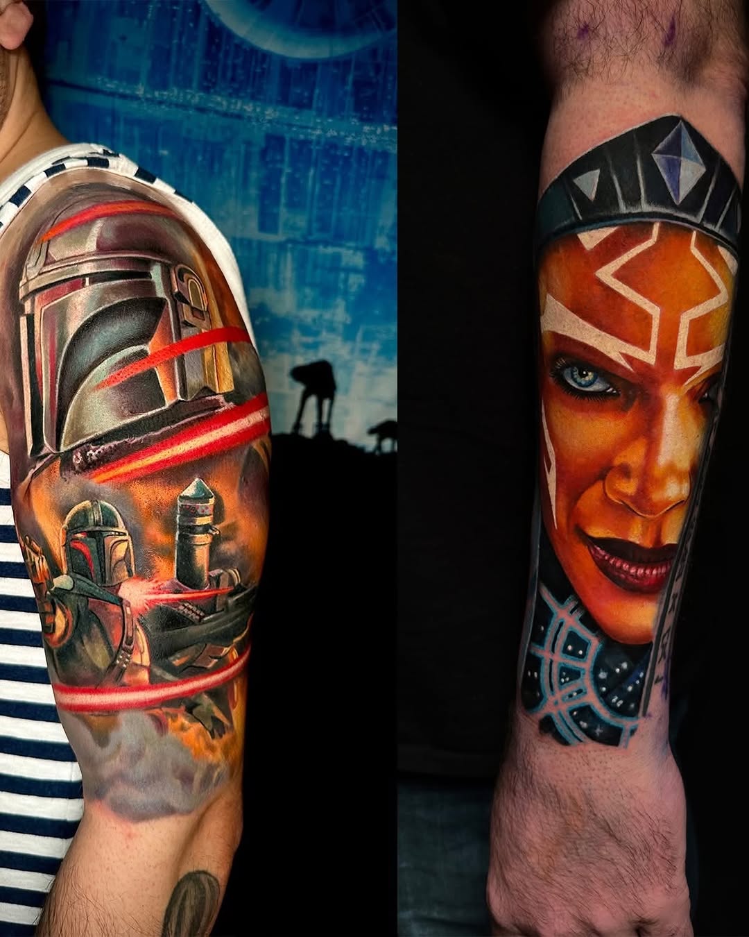 Mandalorian and AT-AT walker realism tattoo on the forearm by Alonzo Villa Tattoo