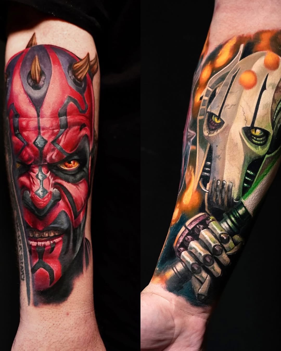 Darth Maul and General Grievous dark art tattoo on the forearm by Alonzo Villa Tattoo