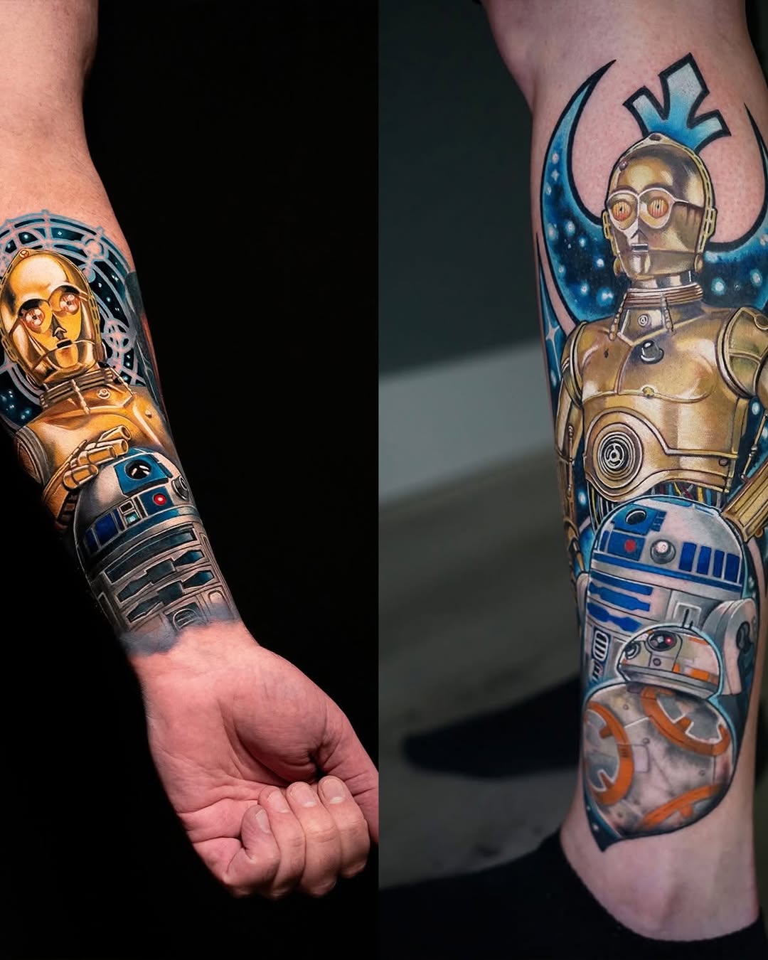 Star Wars droids (C-3PO, R2-D2, BB-8) watercolor tattoo on the forearm by Alonzo Villa Tattoo