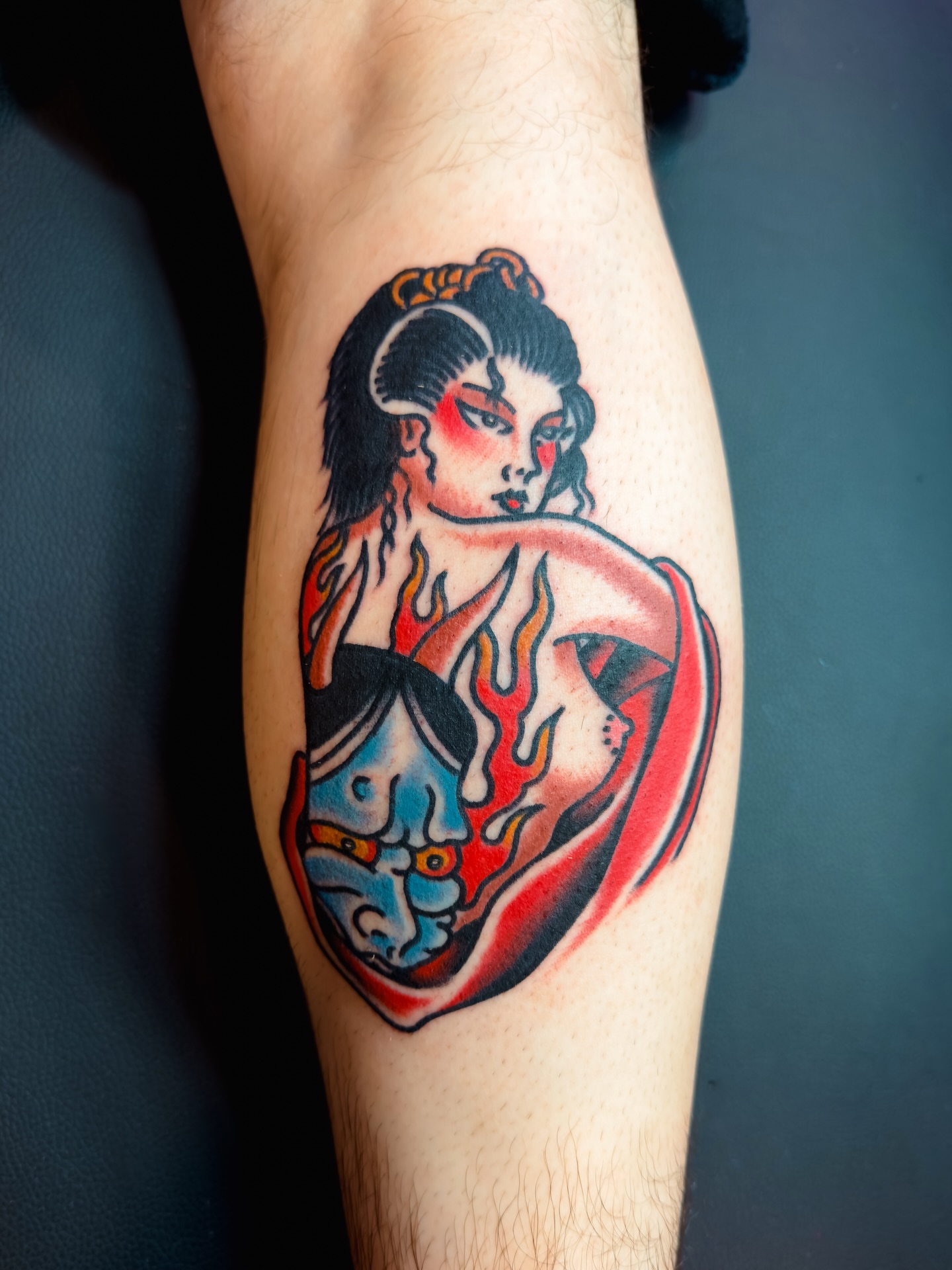 Geisha American traditional tattoo on the forearm by Jimmy Kelley