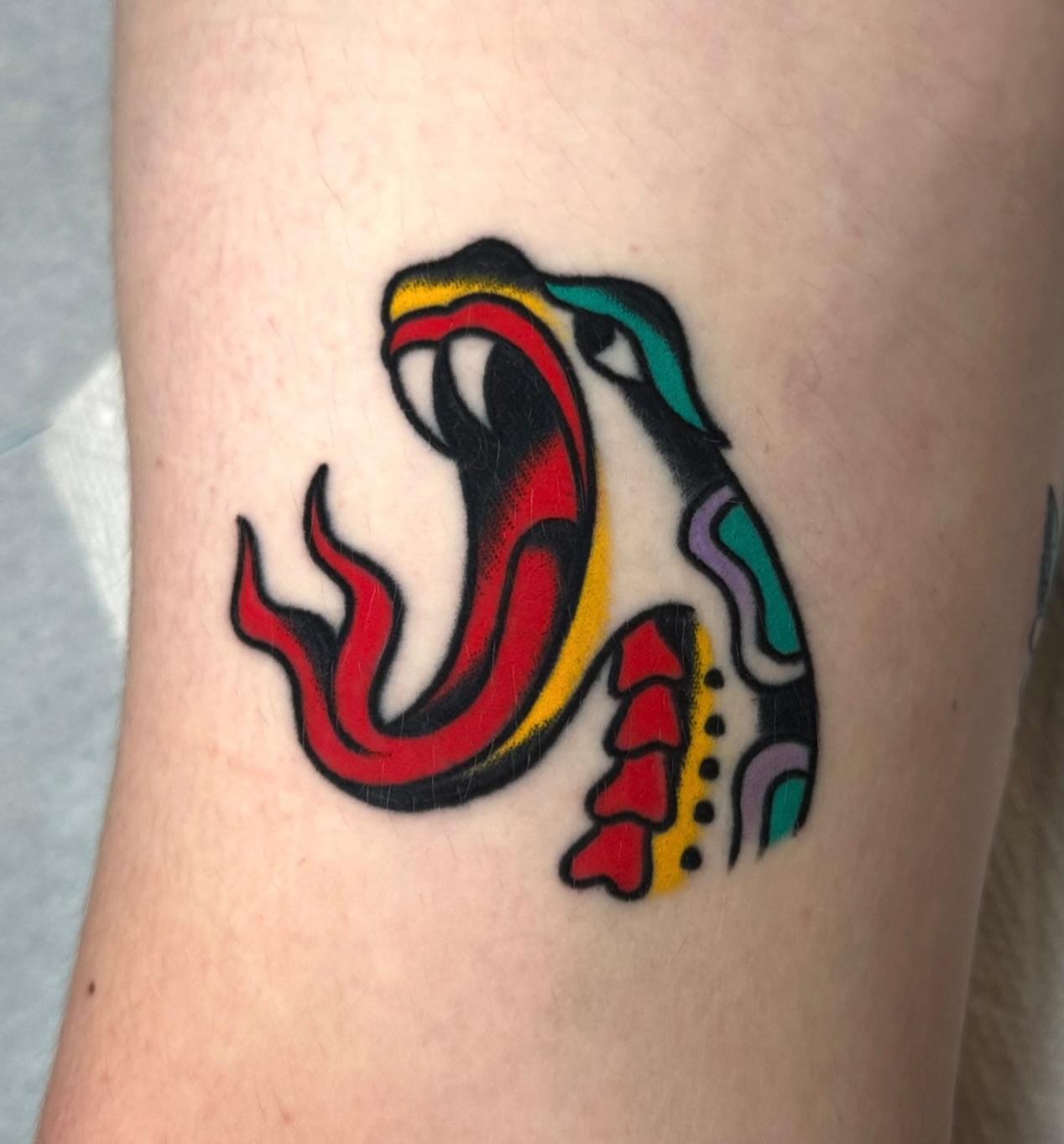 Snake American traditional tattoo on the forearm by Zahra Niedermann
