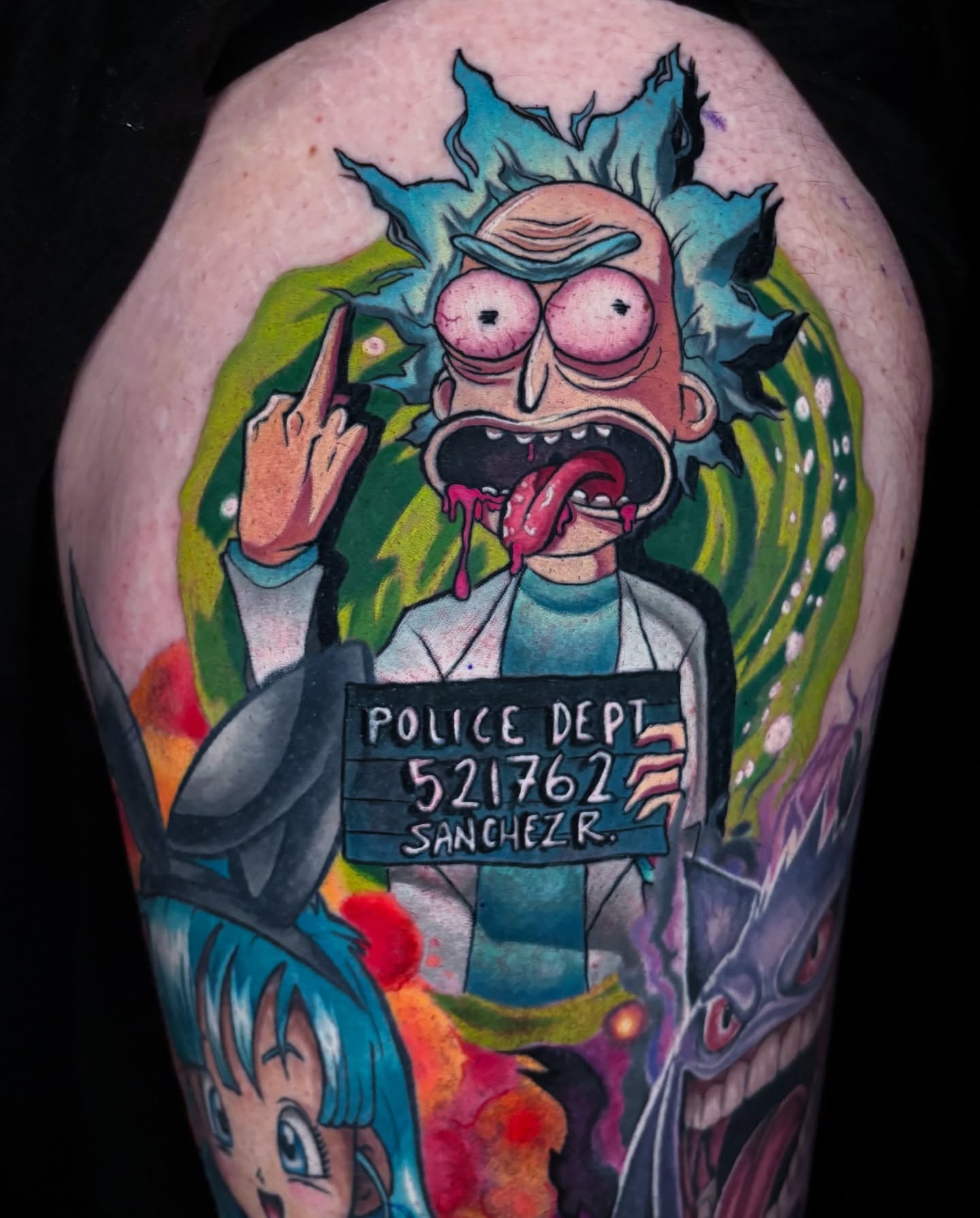 Rick and morty new school tattoo on the thigh by Emilie Uchiha - Anime Tattoo Artist
