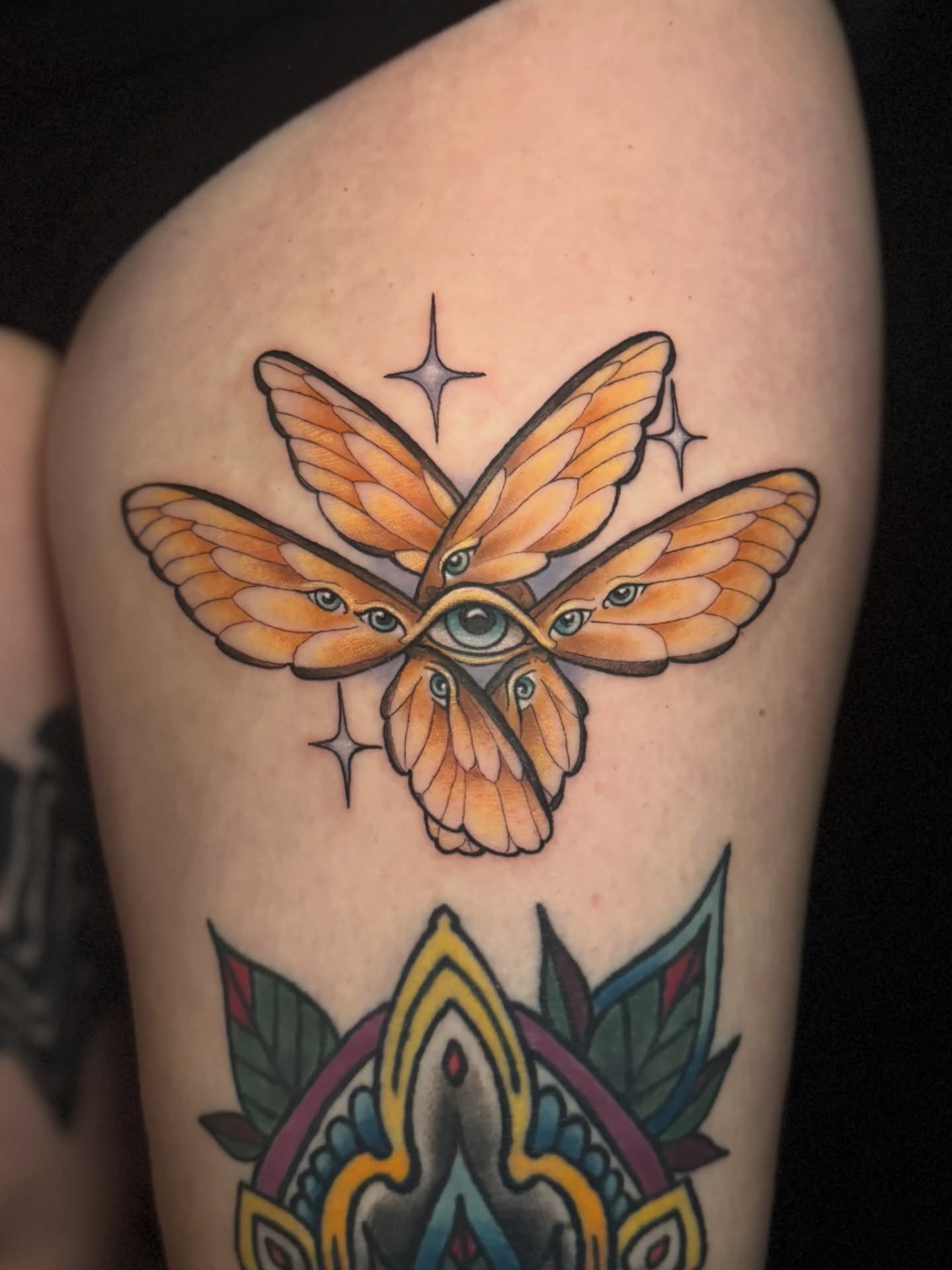 Moths and eye American traditional tattoo on the thigh by M A D I E I N S P A N I E R π¦ tattoos