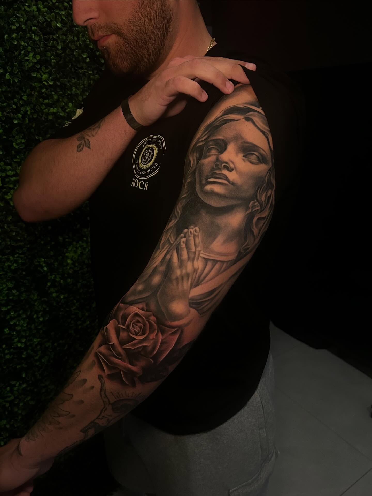 Tattoo by @bellabuonopanetattoos — realism, black_and_grey