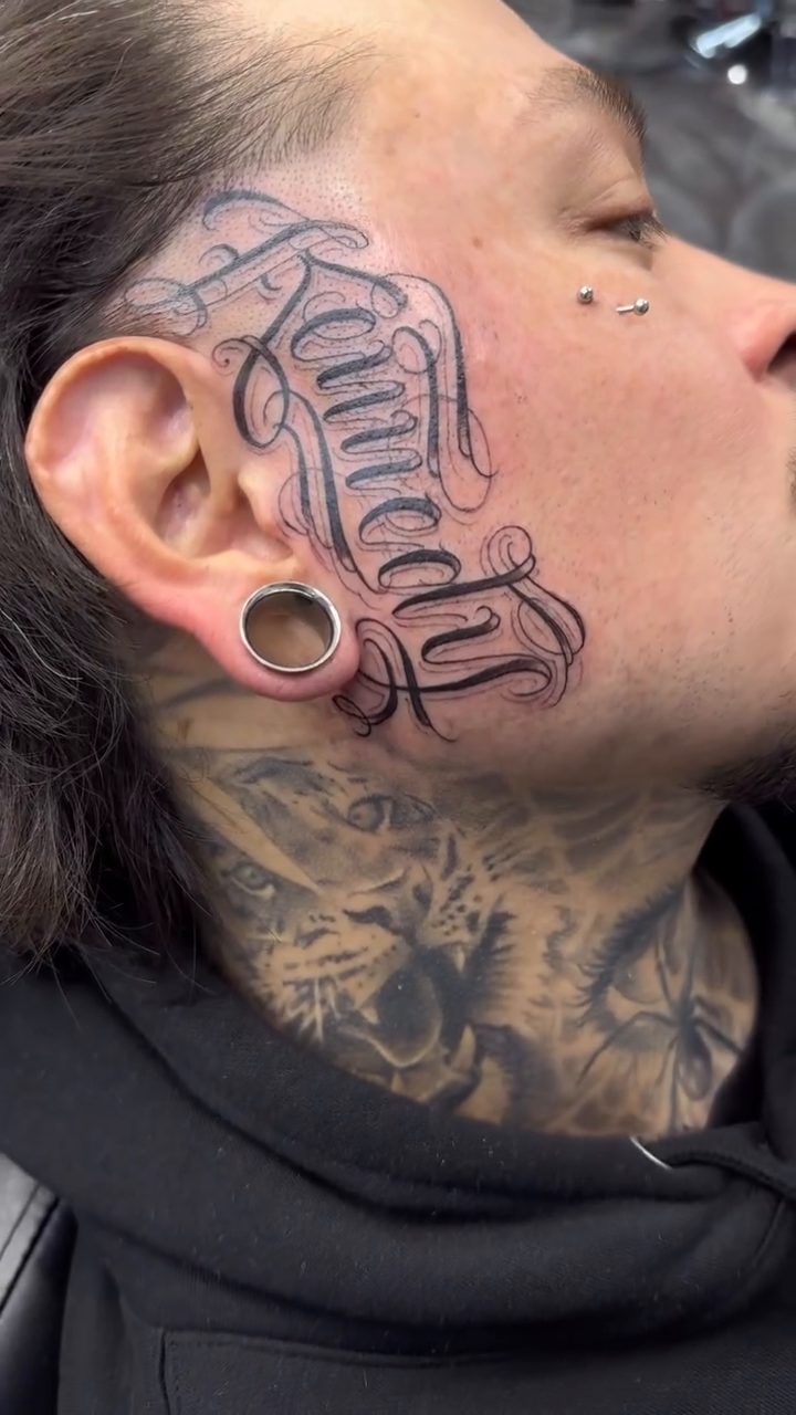Tattoo by @ironeyestattoo — lettering_script, chicano