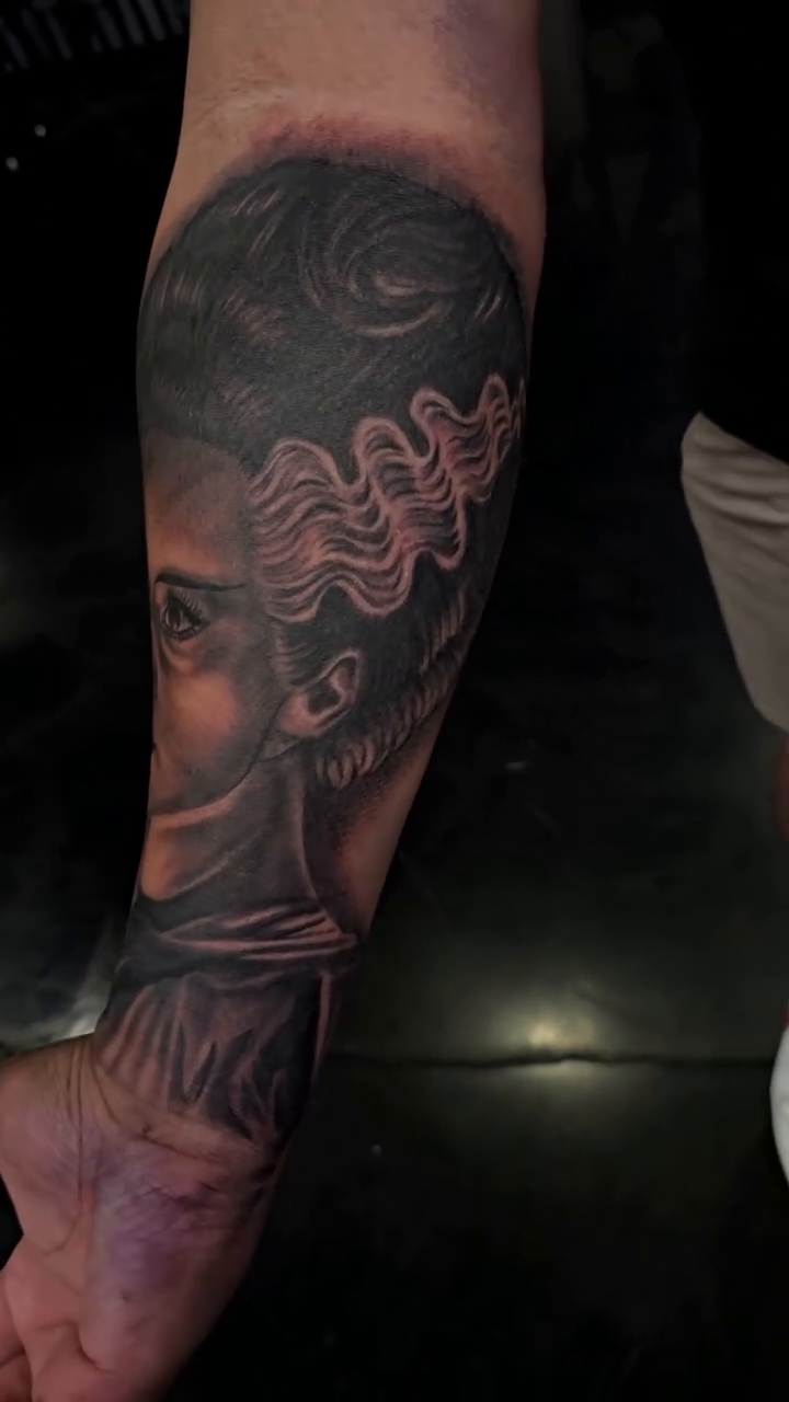 Bride of Frankenstein portrait realism tattoo by Richie Garcia, Hesperia, California