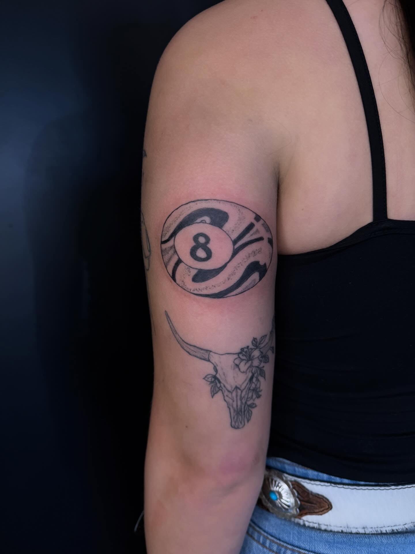 8-ball and bull skull realism tattoo on the forearm by TolzinInk, Brookings, South Dakota