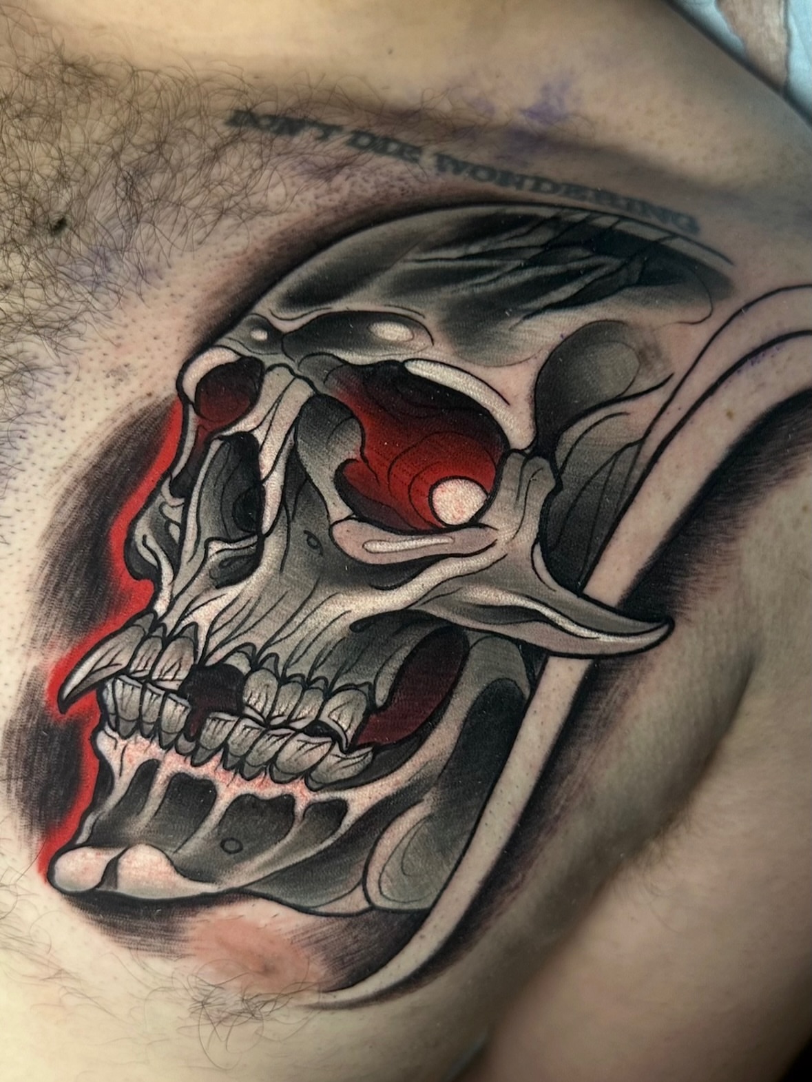 Skull dark realism tattoo on the chest by 𝐀𝐮𝐬𝐭𝐢𝐧 𝐌𝐨𝐫𝐫𝐢𝐬𝐨𝐧 𝐓𝐚𝐭𝐭𝐨𝐨𝐬