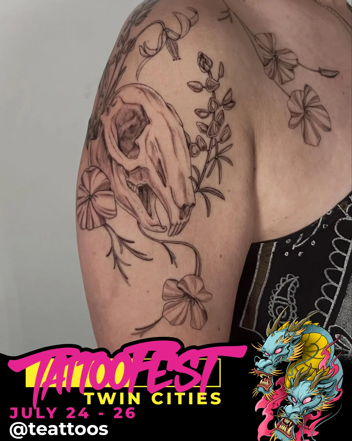 Skull and flowers black and grey tattoo on the shoulder by Sierra Skye