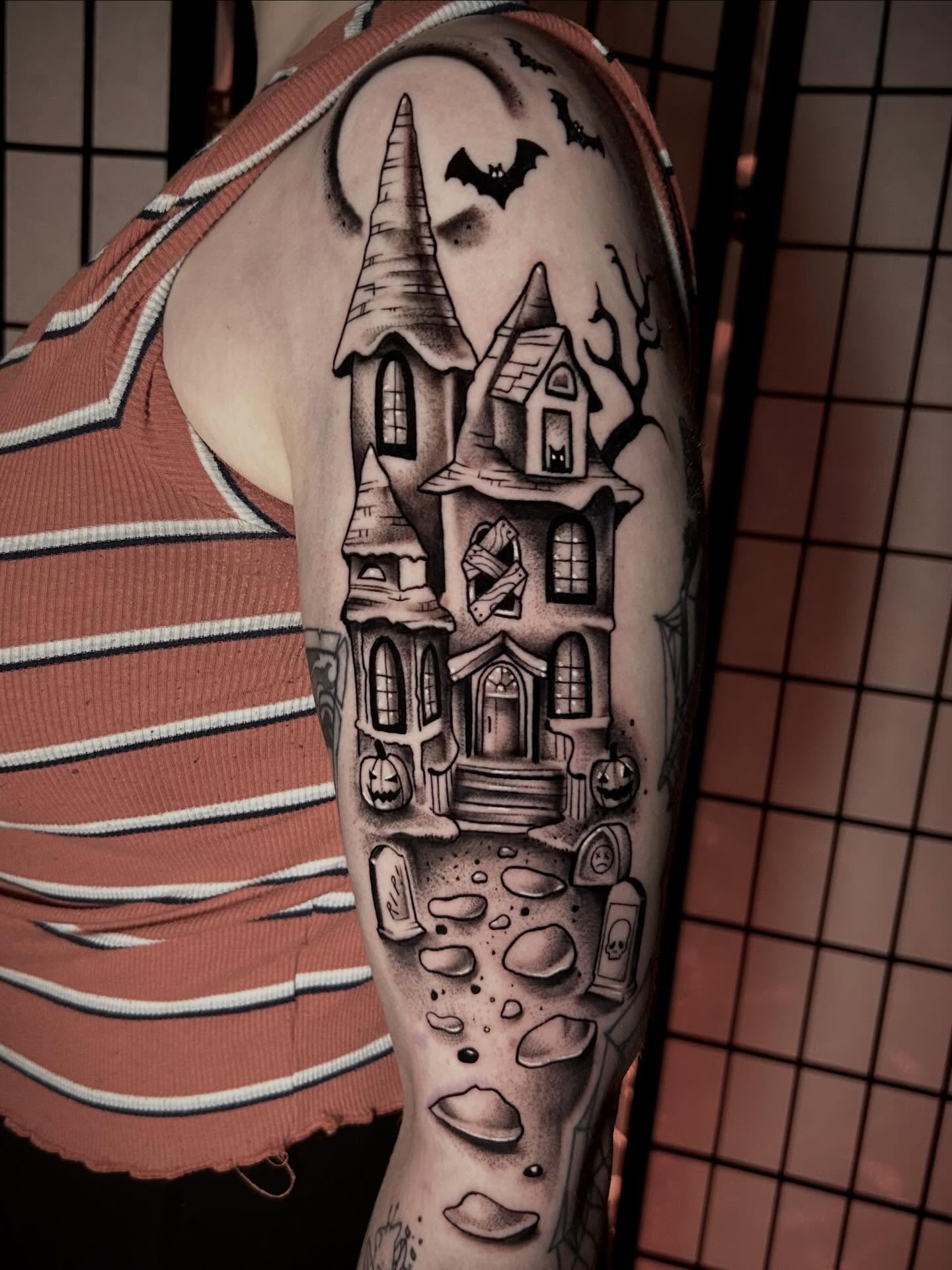 Haunted house realism tattoo on the forearm by Haleigh Cunningham, Charlotte, North Carolina