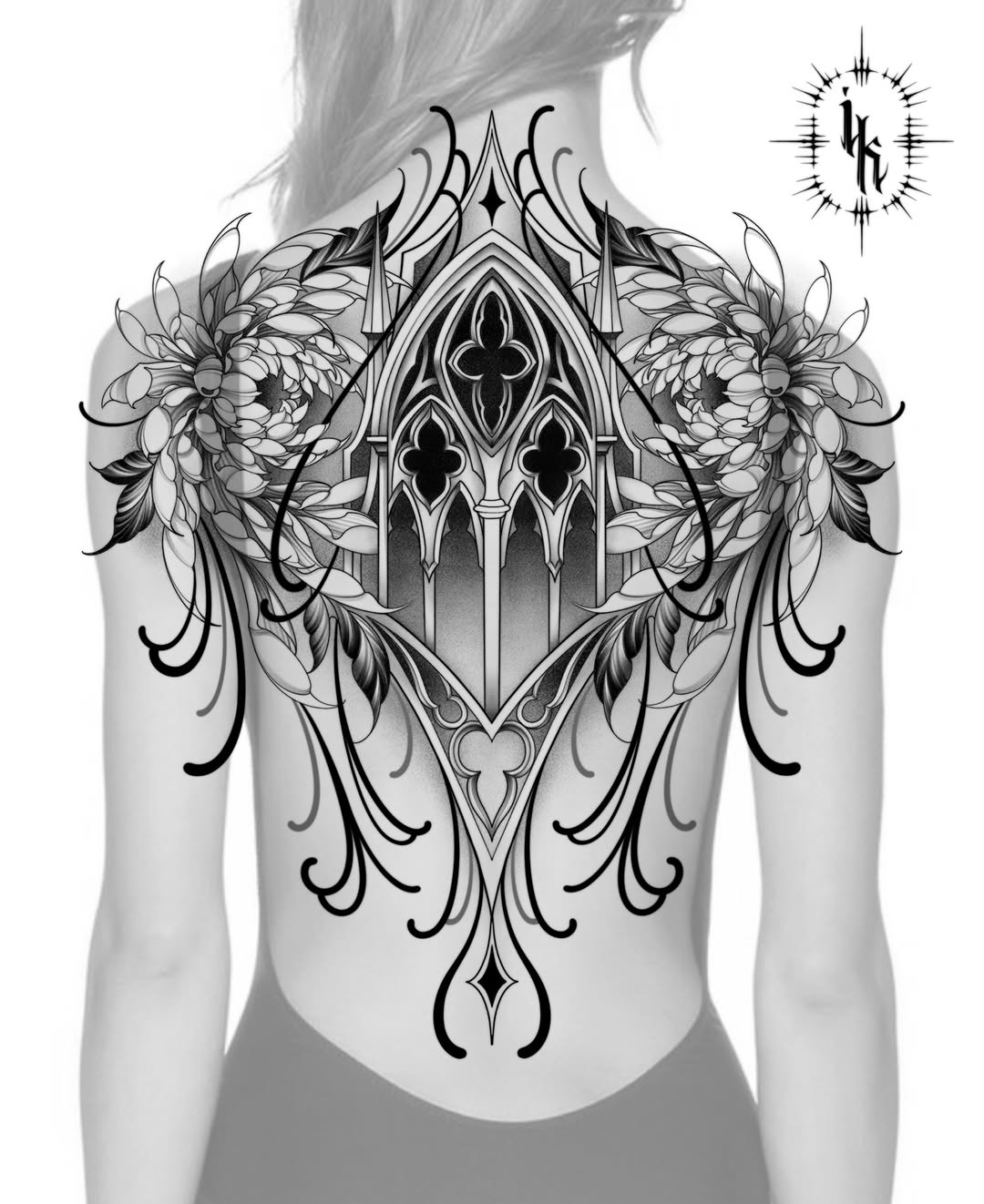 Gothic window with flowers tribal tattoo on the back by IVY