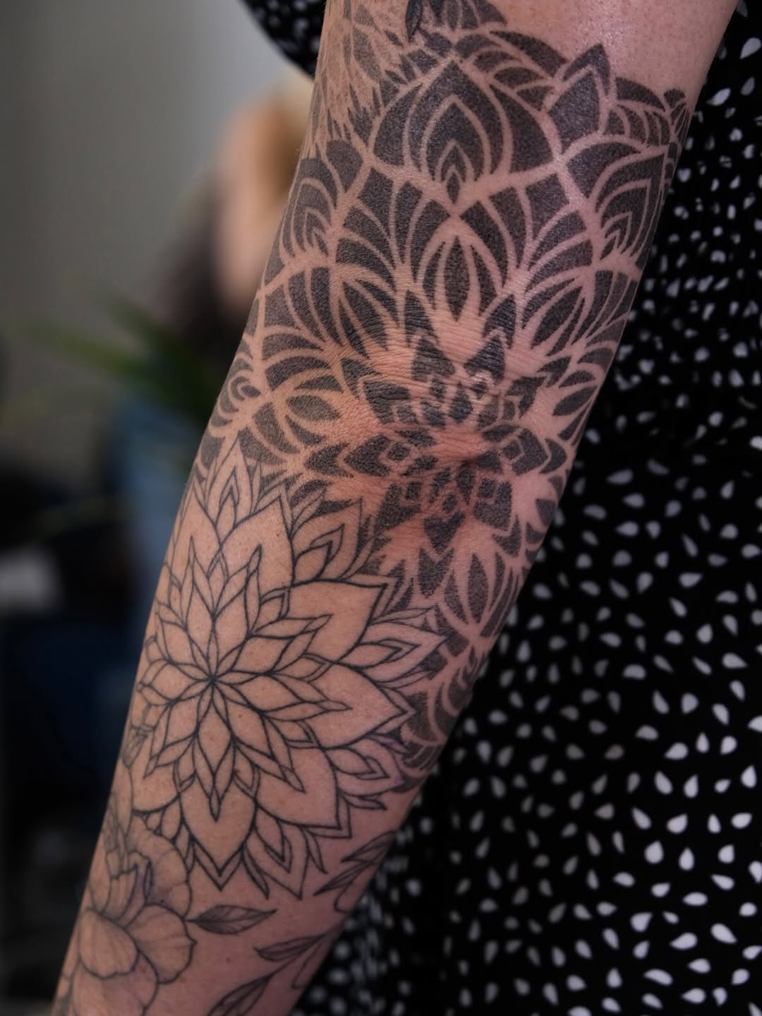 Mandala and floral elements geometric tattoo on the forearm by Your tattoo Artist, New York, New York