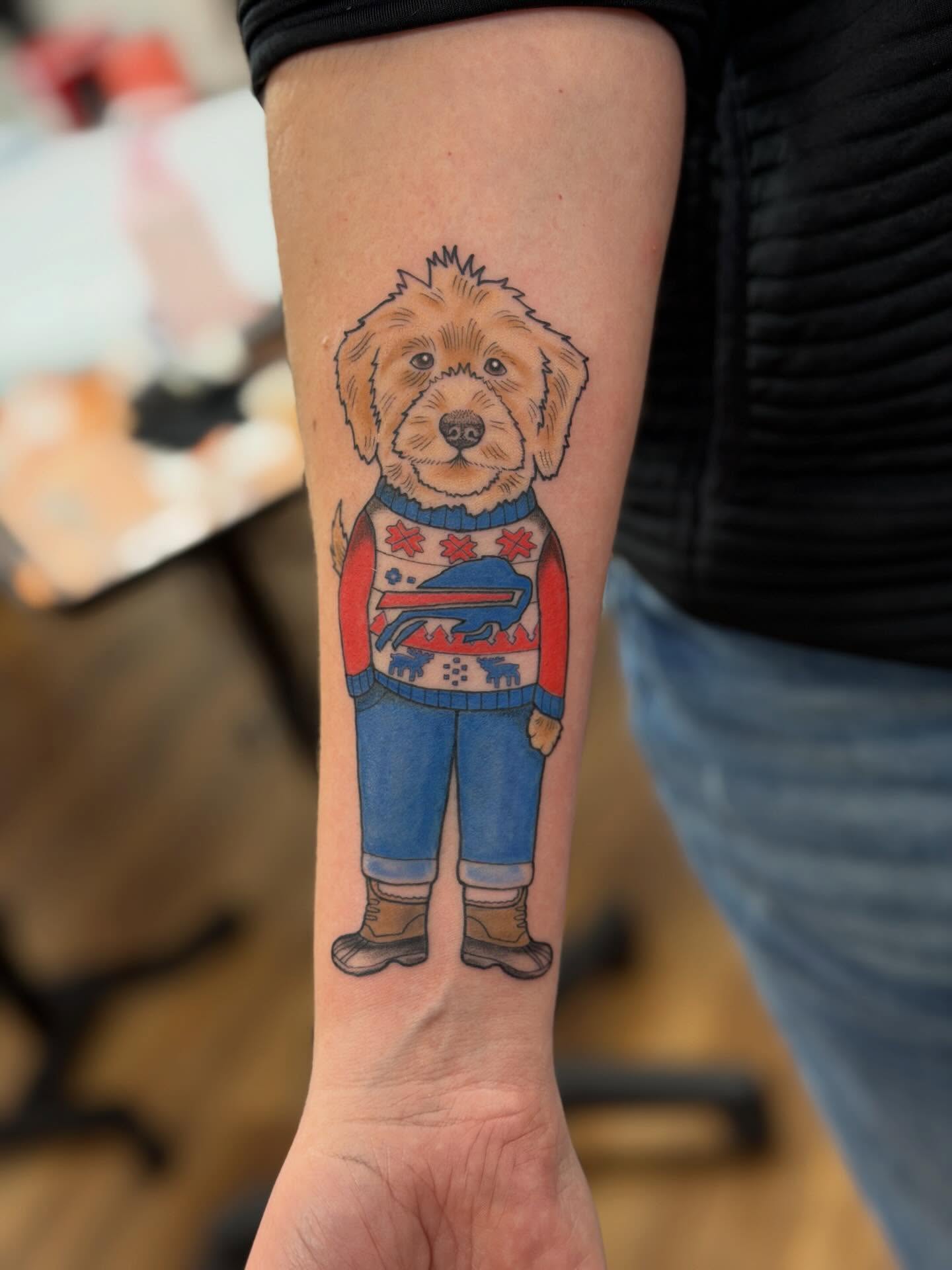 Dog wearing sweater realism tattoo on the forearm by Alison (Wise) Best