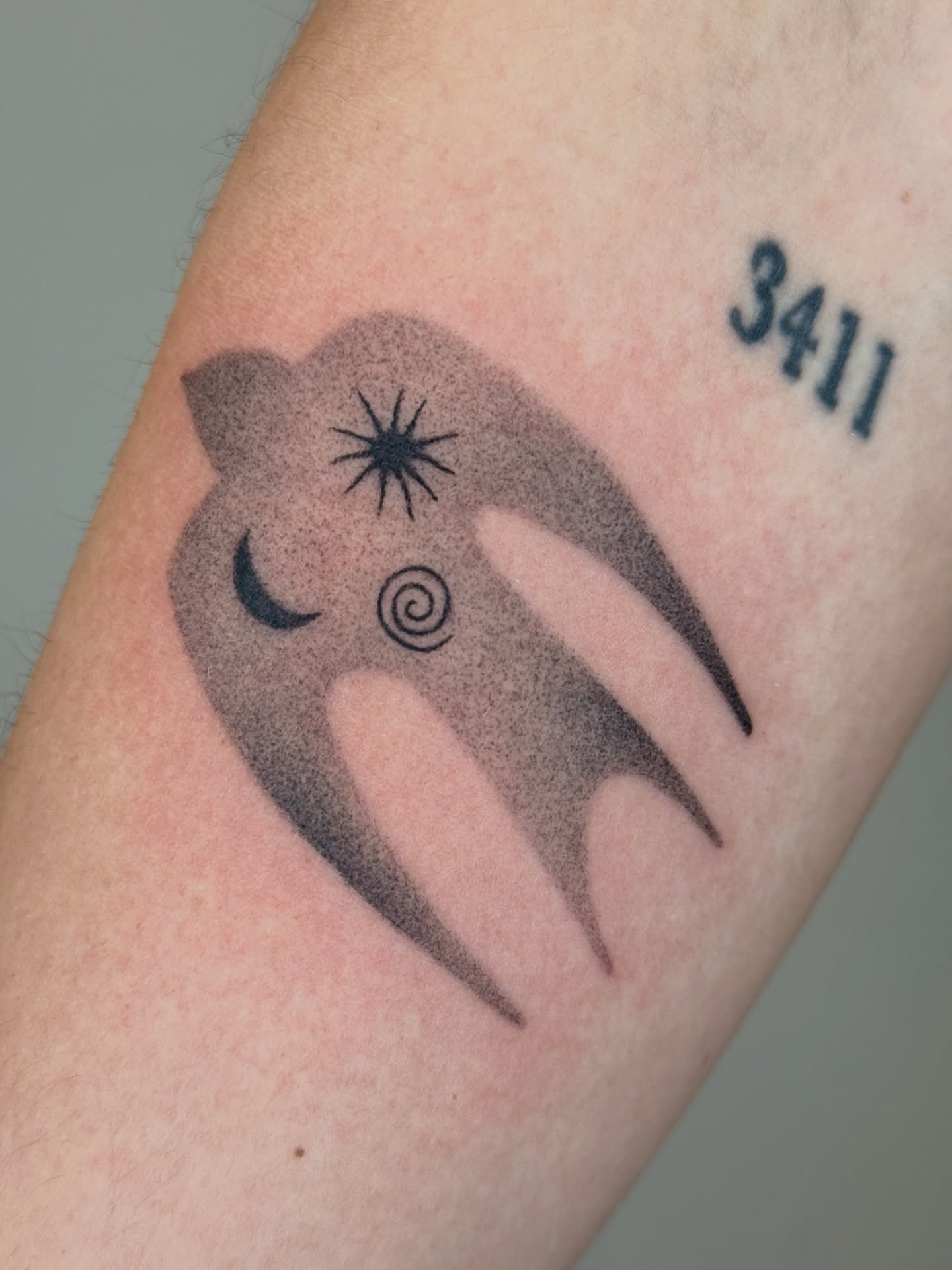 Bird black and grey tattoo on the forearm by Monica Reynolds