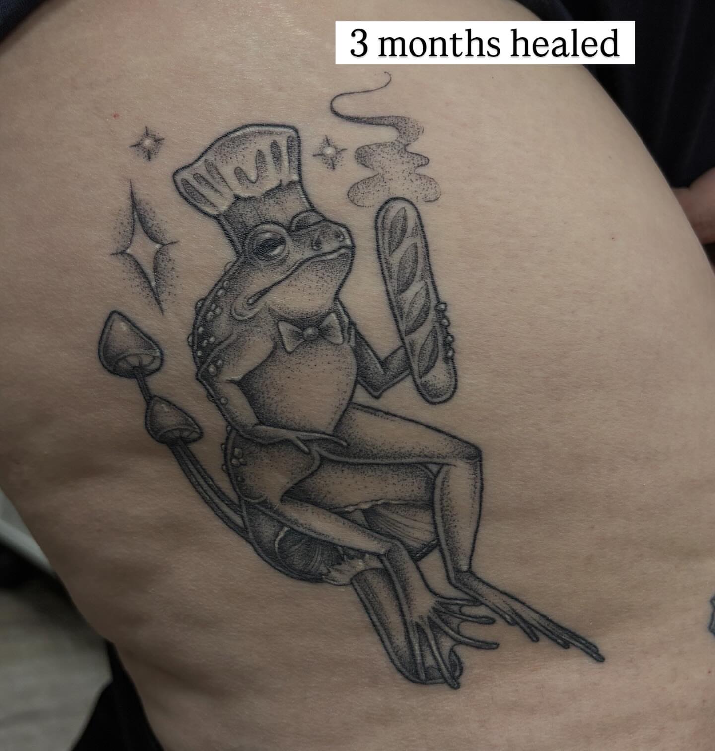Chef frog dotwork tattoo on the thigh by Hailey Nicole