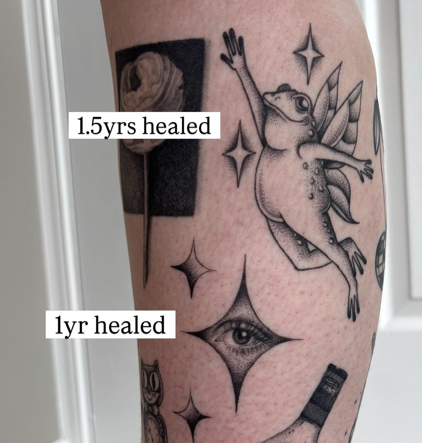 Frog and stars dotwork tattoo on the forearm by Hailey Nicole