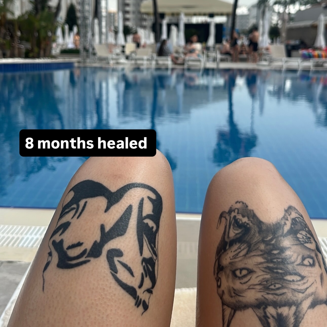 Wolf black and grey tattoo on the thigh by Yassin alsaje