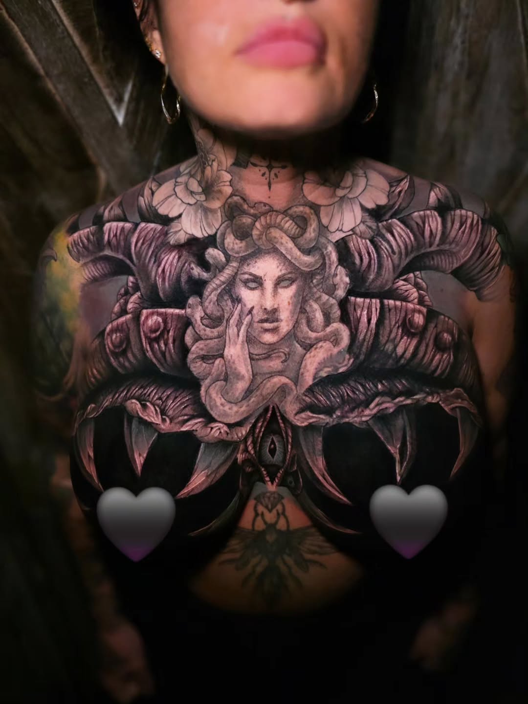 Medusa with snakes and horns realism tattoo on the chest by Jake Barney