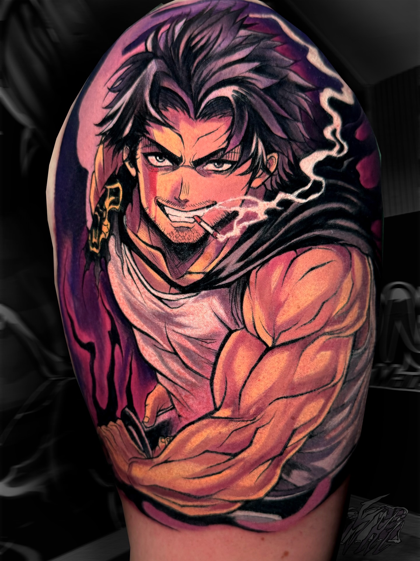 Anime character anime tattoo on the upper arm by Iván Pelegrín Medina