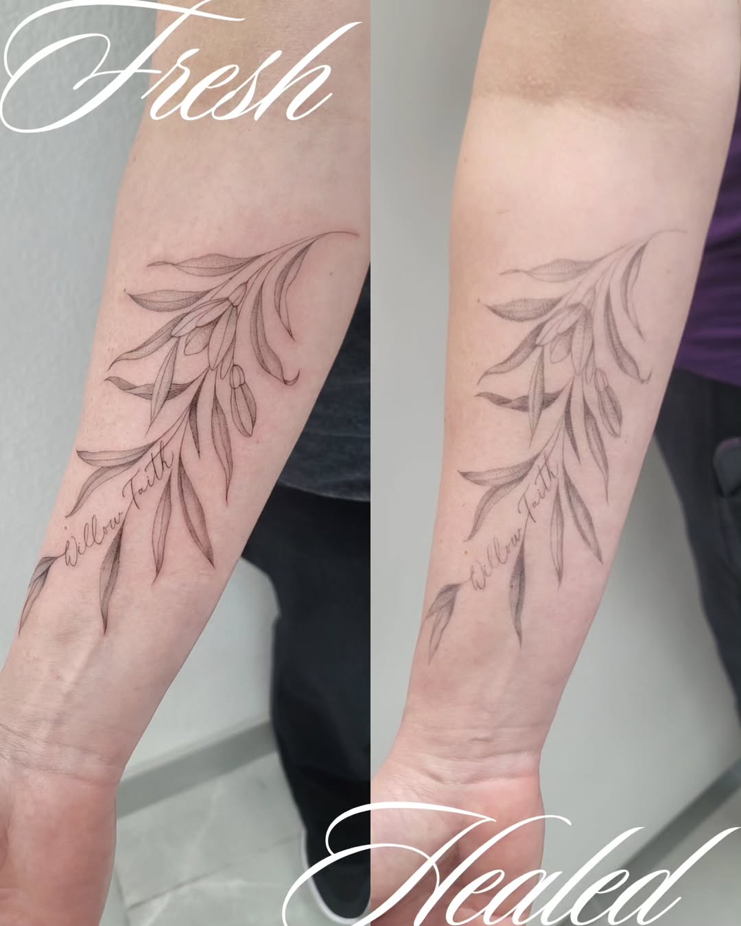 Willow branch with lettering fine line tattoo on the forearm by Las Vegas Fine Line Tattoos