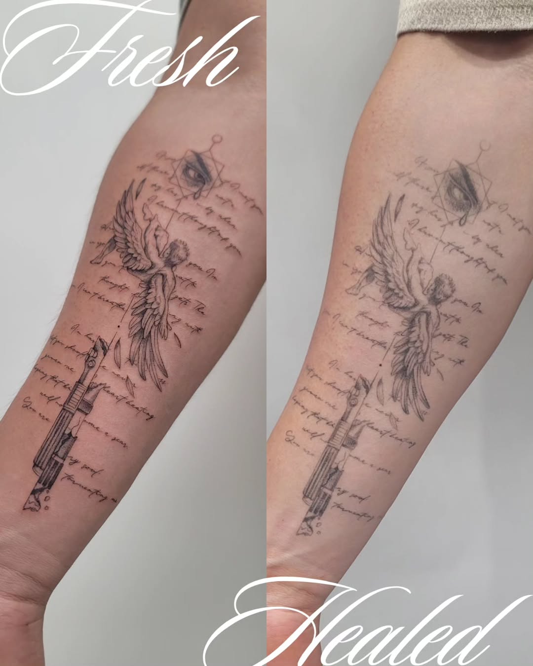 Angel with gun and text realism tattoo on the forearm by Las Vegas Fine Line Tattoos