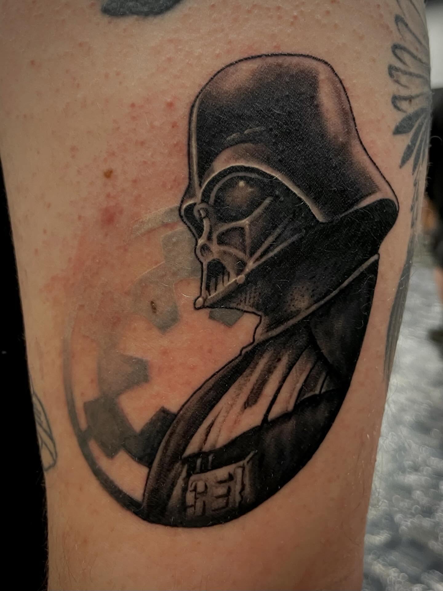 Darth vader realism tattoo on the forearm by Bryce Presley, Mission, Kansas