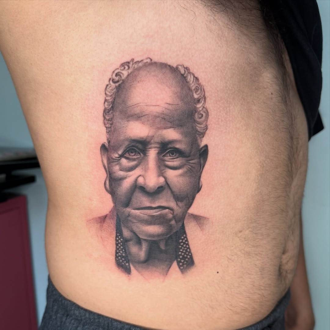 Portrait of an elderly man realism tattoo on the ribs by Angel, Salt Lake City, Utah