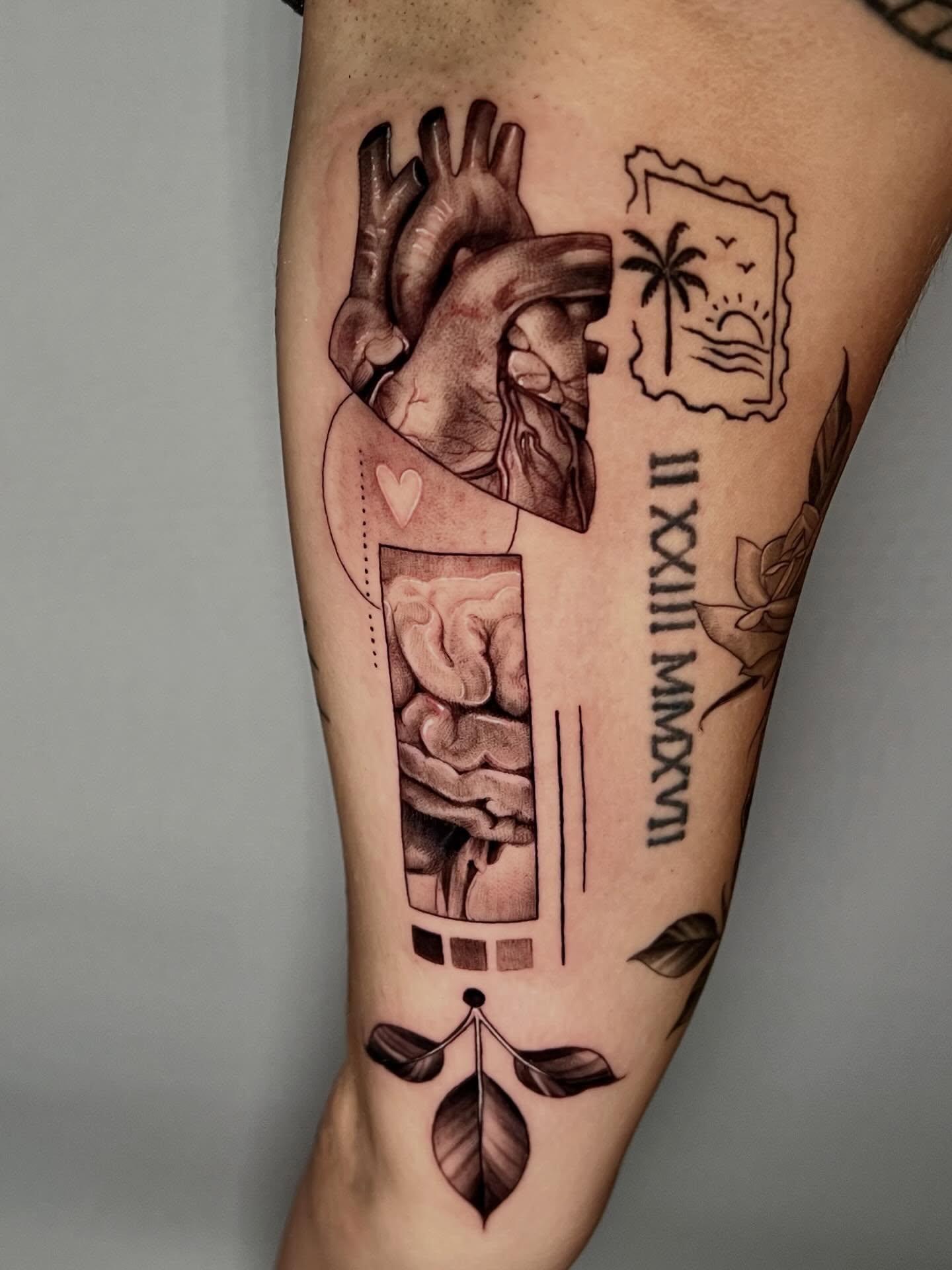 Anatomical heart black and grey tattoo on the forearm by Joi Bailey, Denton, Texas