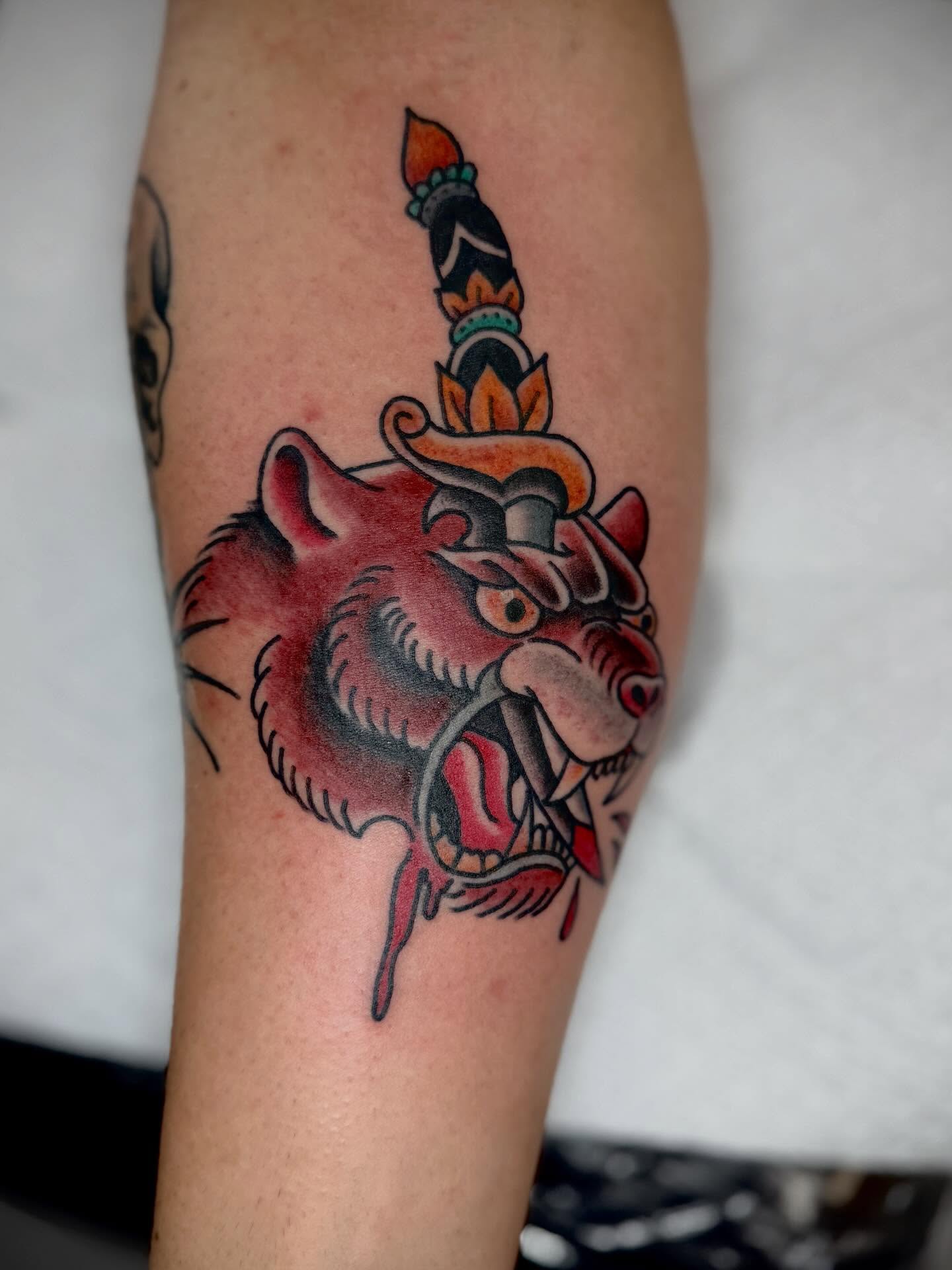 Bear head with sword American traditional tattoo on the forearm by Trent Parsley
