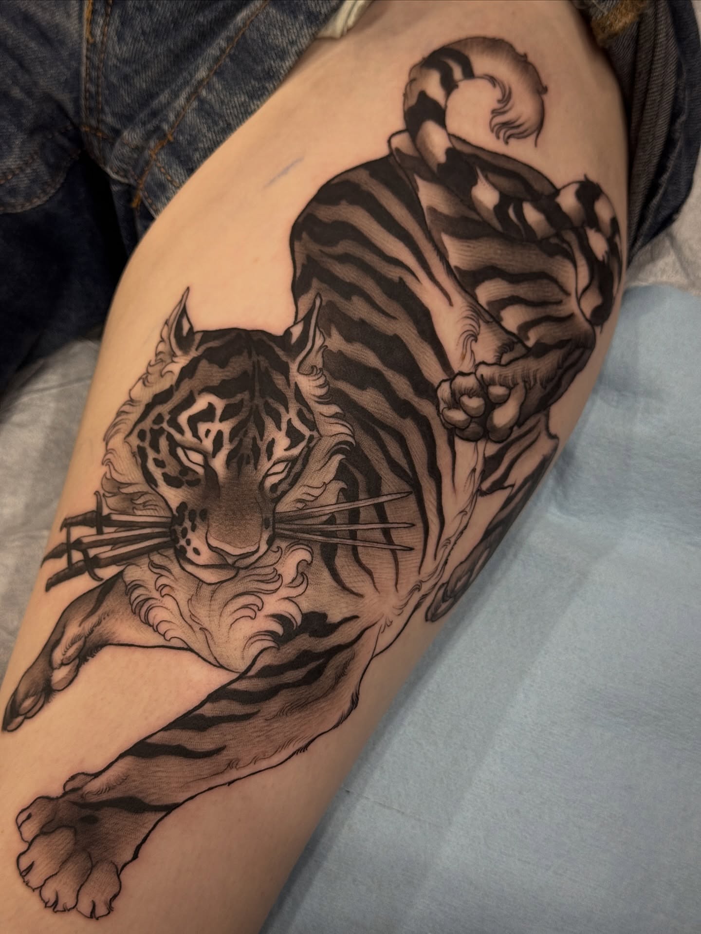 Tiger black and grey tattoo on the thigh by πππ±π±π¬π¬ ππ―π±π¦π°π±