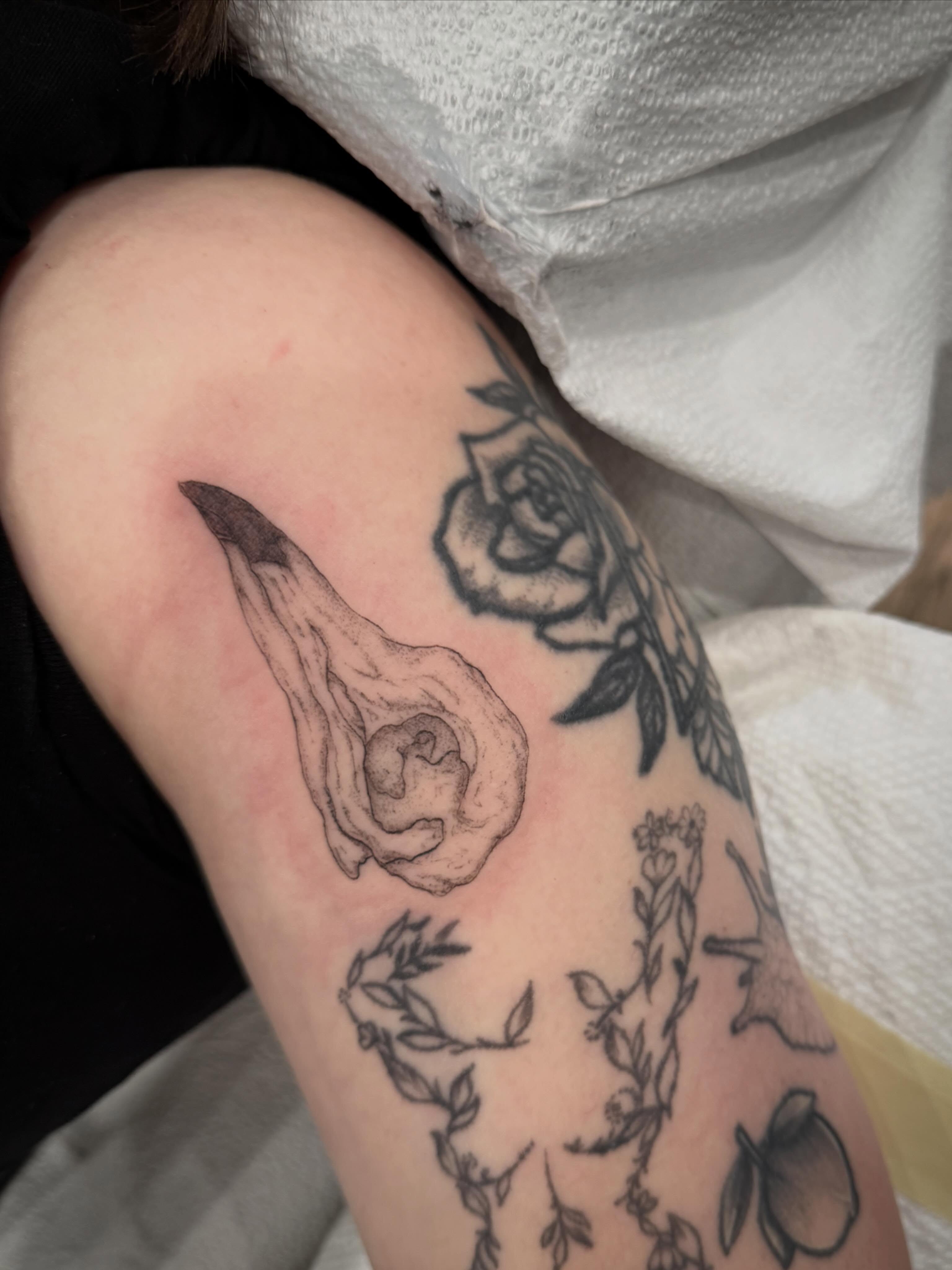 Rose and skull black and grey tattoo on the upper arm by Daniel Anthony, Philadelphia, Pennsylvania