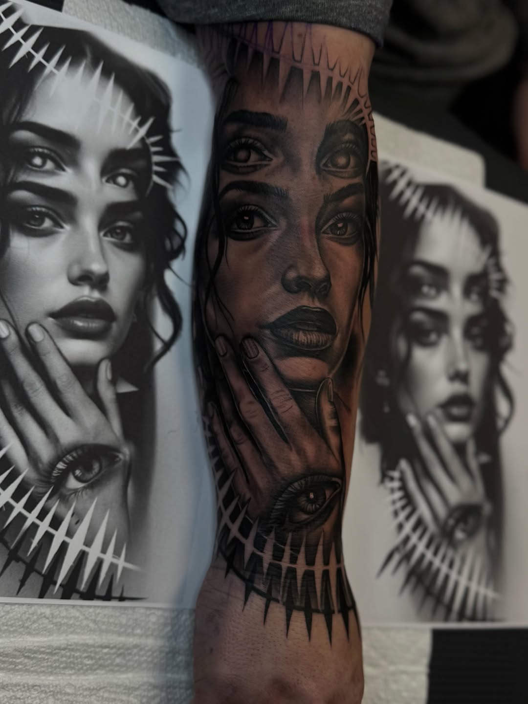 Surreal portrait with multiple eyes realism tattoo on the forearm by Hugo Ruiz-Esparza