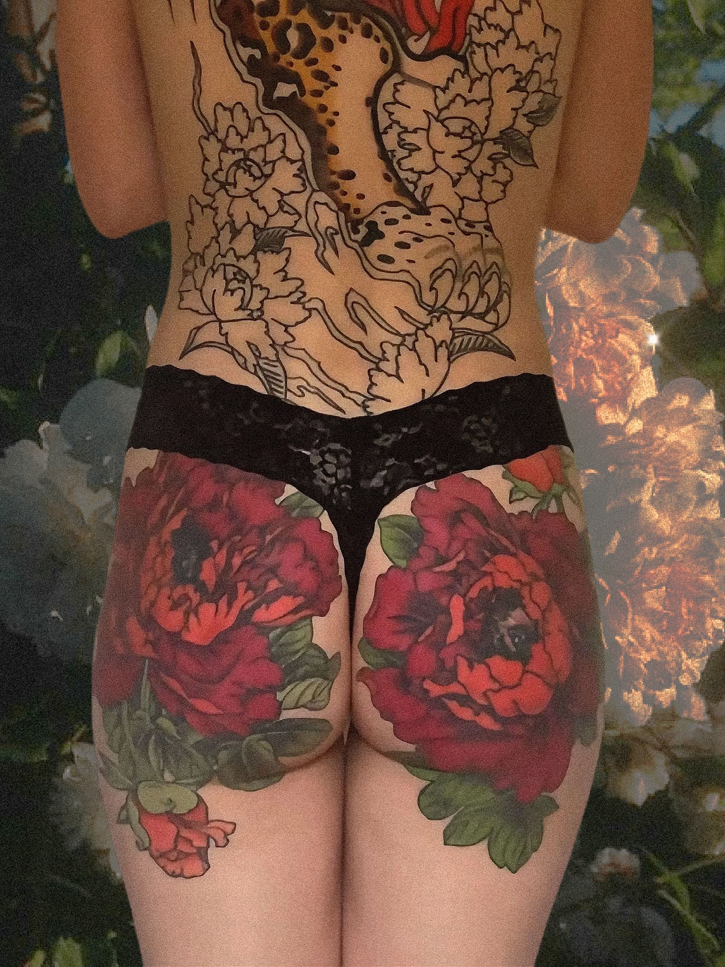 Peony and roses American traditional tattoo on the thigh by Jiemin Lin