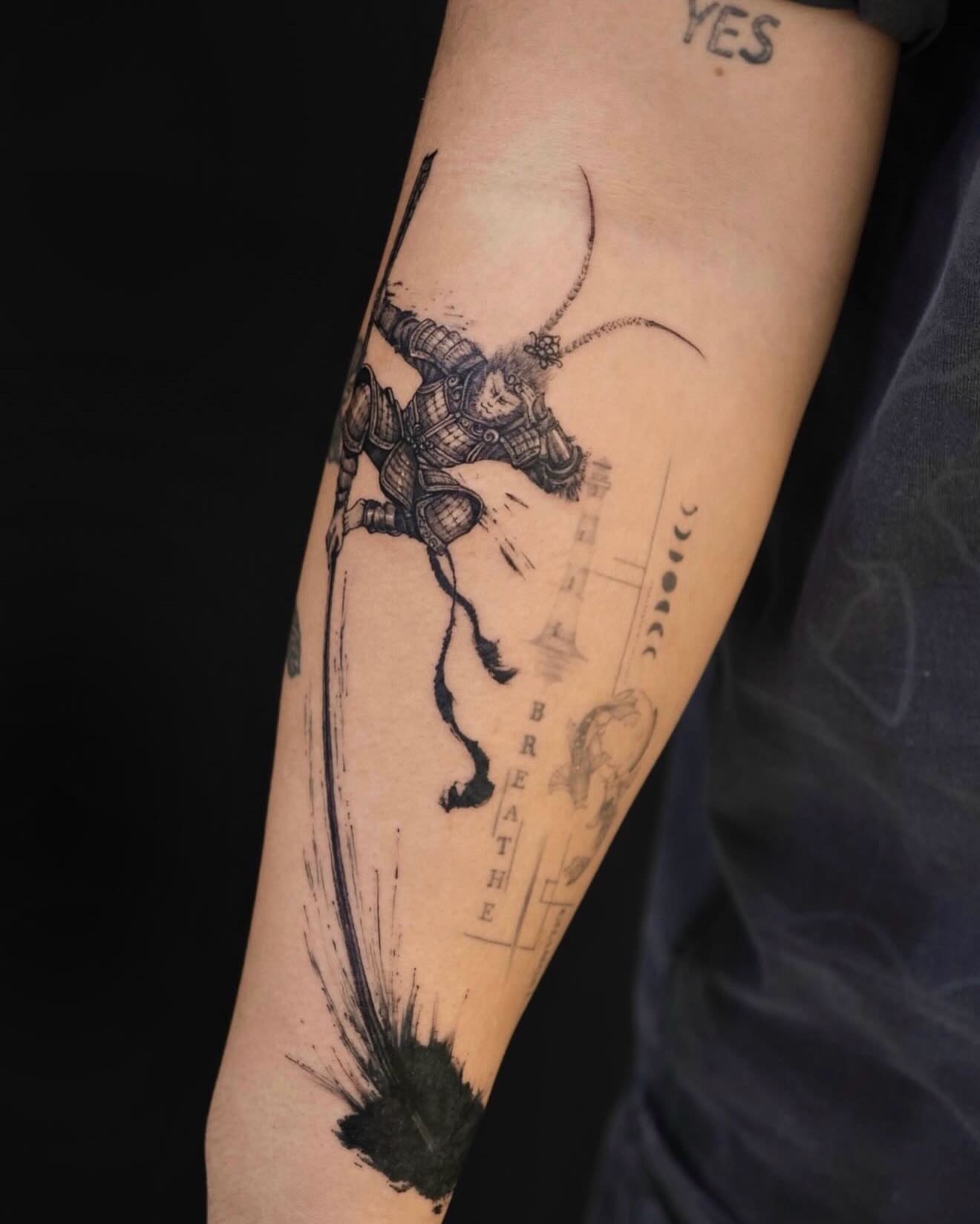 Samurai warrior dotwork tattoo on the forearm by MJ tattooist